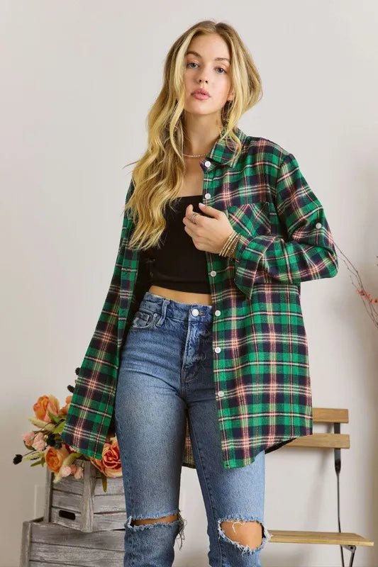 ADORA Women's Plus Size Classic Plaid Button Down Shirt with Roll-Up Sleeves - Casual Office Wear & Fall Layering Essential
