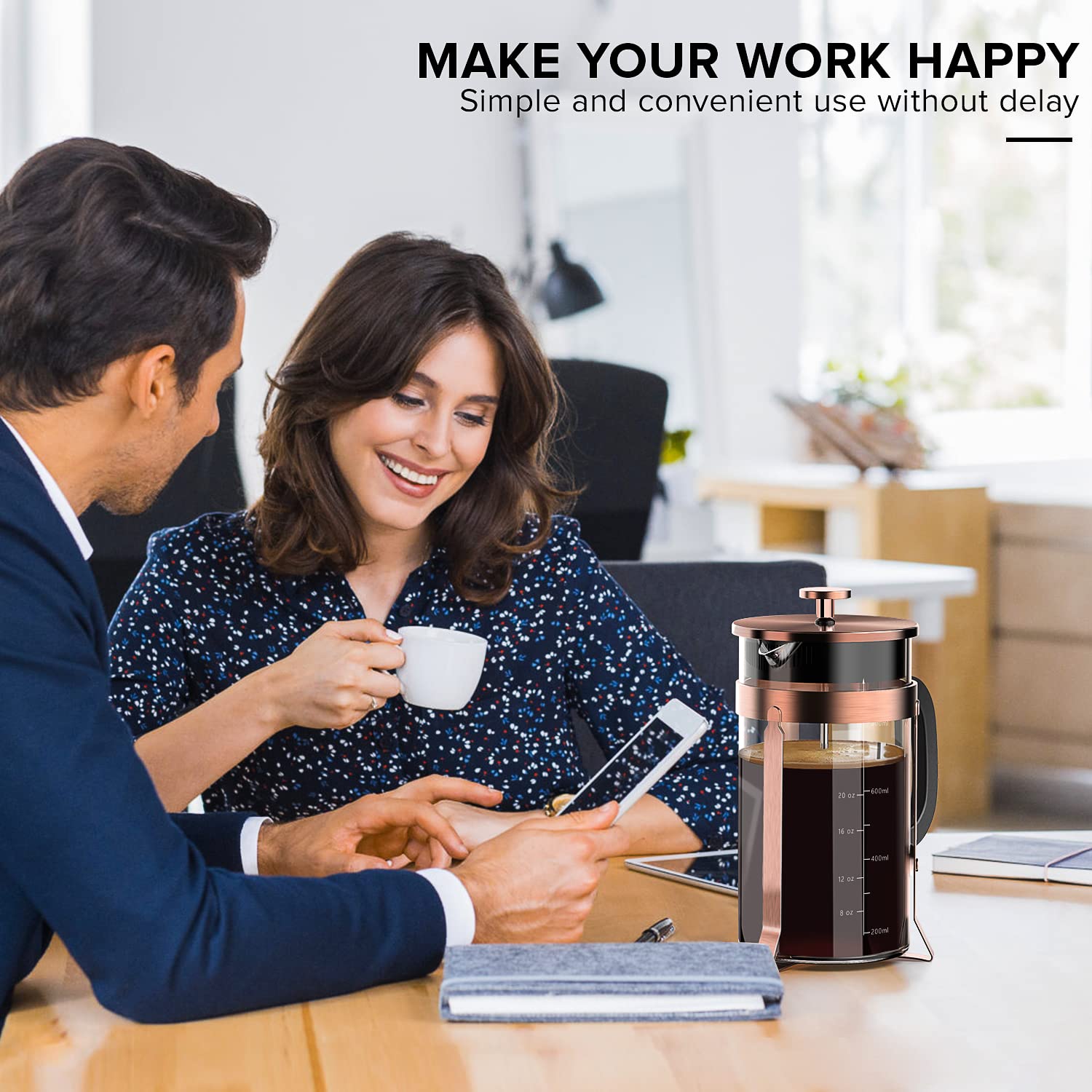 QUQIYSO 34oz French Press Coffee Maker - 304 Stainless Steel with 4 Filters, Heat Resistant & Durable, Easy to Clean, Borosilicate Glass, BPA Free - Perfect for Home, Office, Camping & Gifts (Copper)