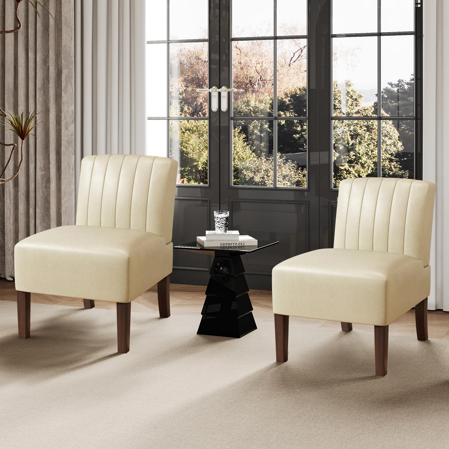 2 Pack Armless Accent Chairs - Upholstered Dining & Living Room Chairs with Solid Wood Legs, Beige Leather Reading Chairs for Bedroom, Vanity & Kitchen - Perfect for Small Spaces, Home Office & Cozy Corners