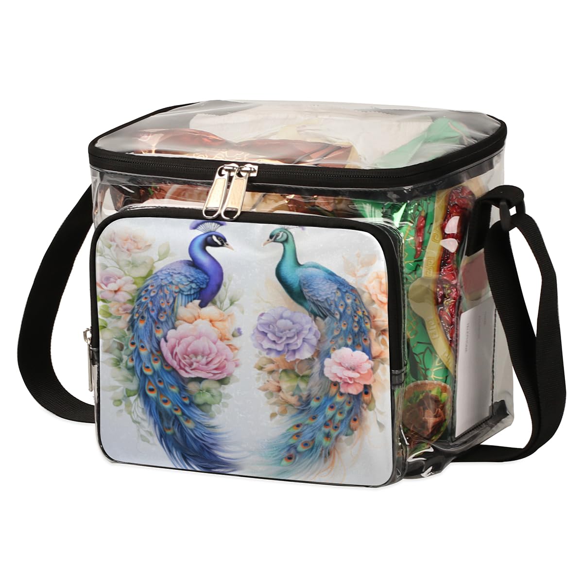 GzLeyigou Clear Peacock Rose Print Tote Bag with Handles - Animal Transparent Crossbody Shoulder Bag for Lunch, Outdoor, Travel, Picnic, Concerts & Sports Events - Stadium Approved Multi-Purpose Carryall for Women & Girls (Perfect for Beach, Shopping, Work & Daily Use)