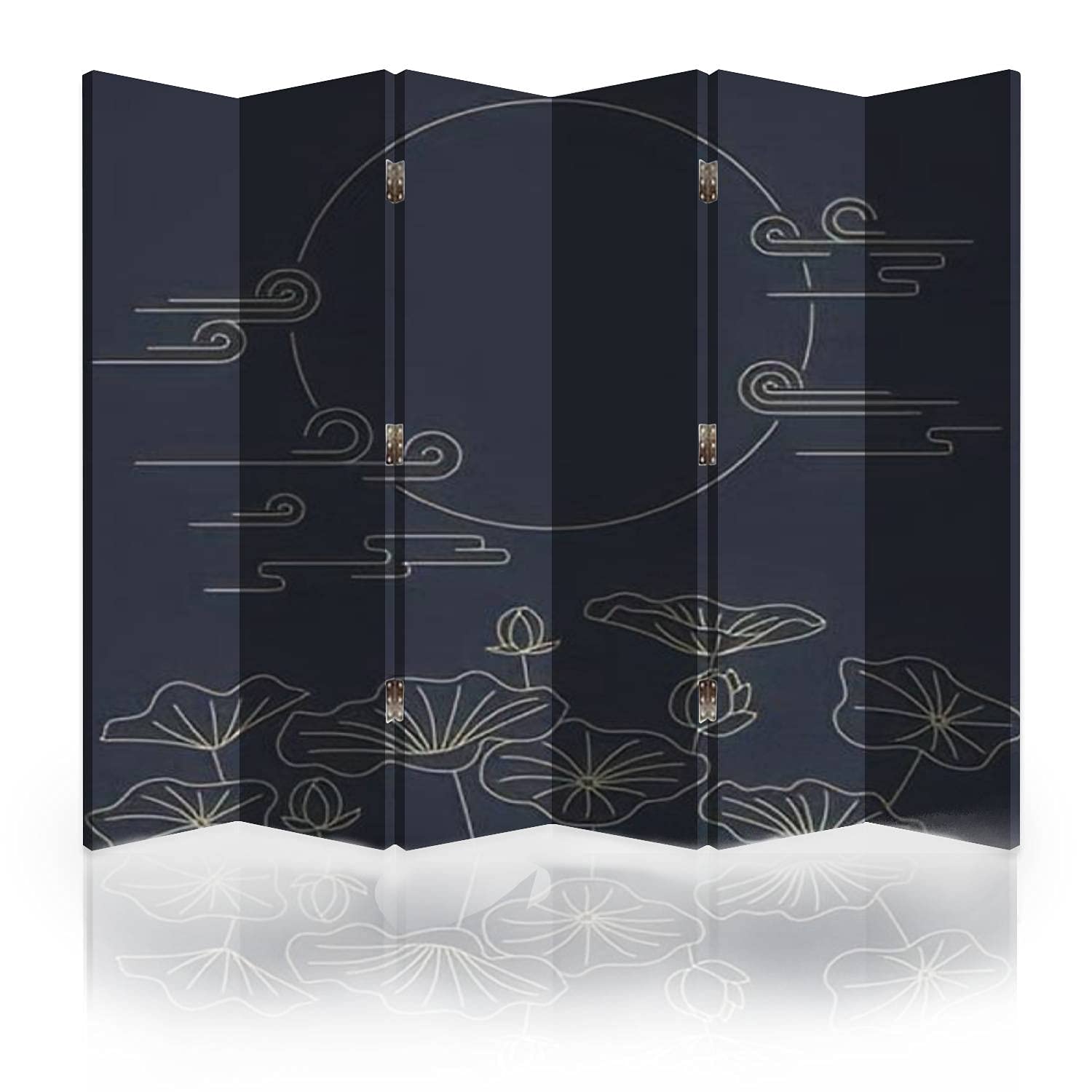 Korean Traditional Moon & Lotus Canvas Room Divider - 6 Panel Folding Privacy Screen for Bedroom, Office & Living Space | Hand-Painted Floral Partition Wall Decor | Home & Studio Space Separator