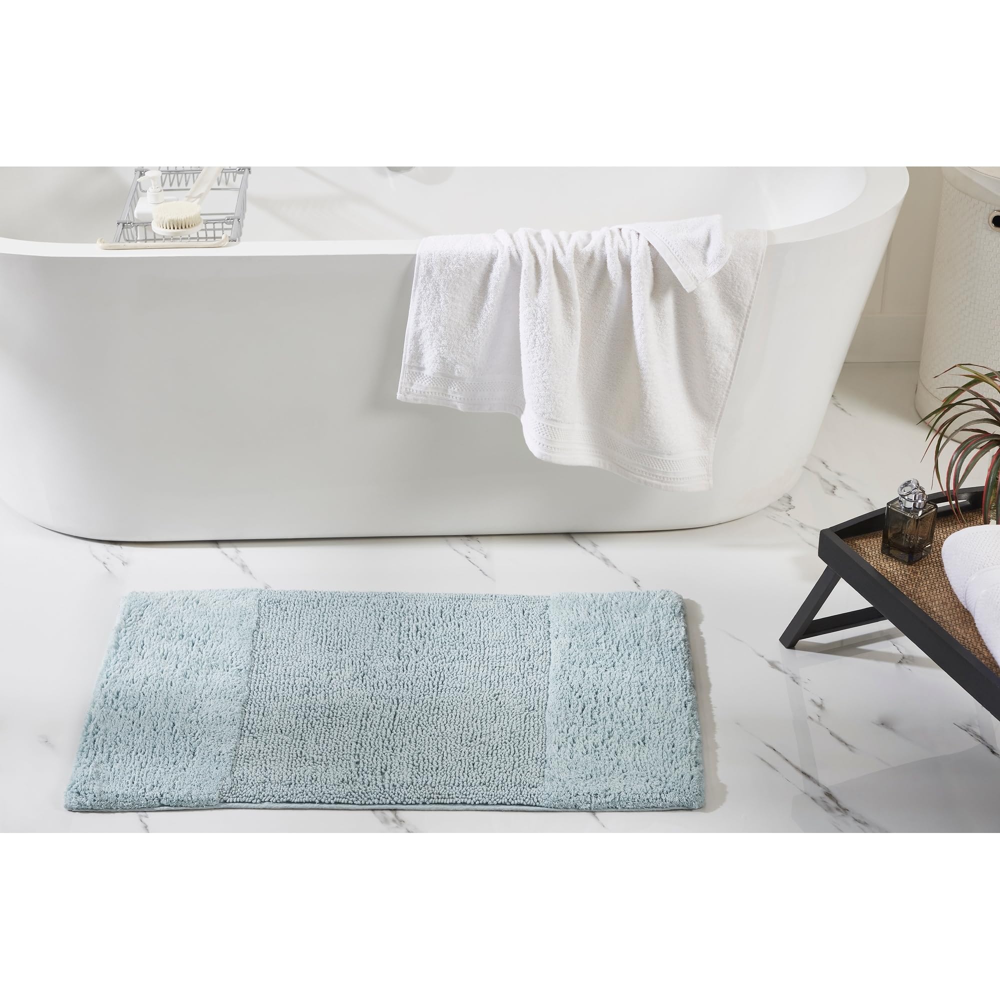 Premium 3-Piece Cotton Bathroom Rug Set - Non-Slip, Washable & Super Absorbent Bath Mats for Bathroom, Shower & Bathtub - Soft Blue Granada Collection - Perfect for Spa-Like Luxury at Home