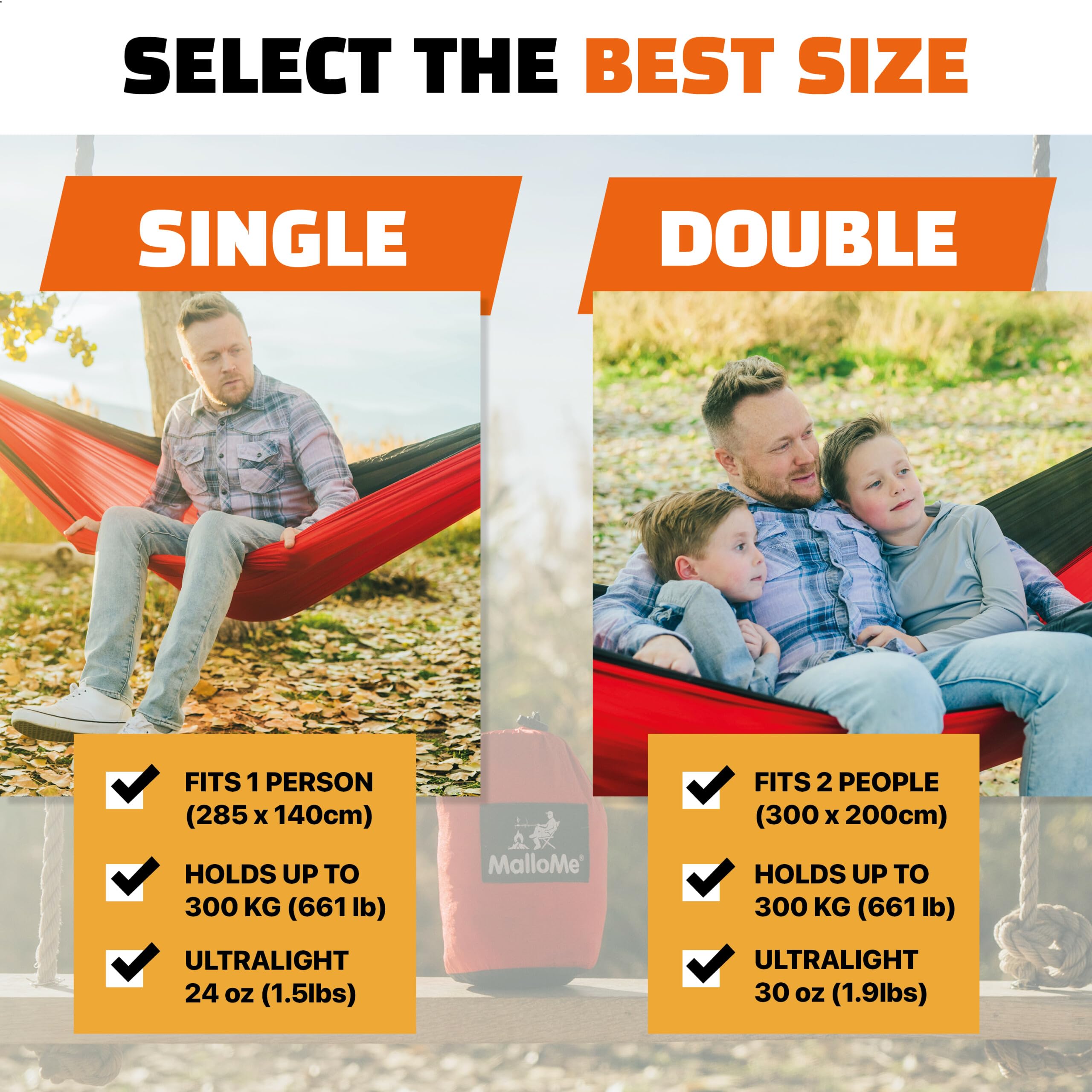 **MalloMe Portable Camping Hammock for Adults & Kids - Heavy Duty 2 Person Outdoor Hammock with Tree Straps - Lightweight & Compact for Backpacking, Hiking, Beach, Travel (Single & Double Size)**    **Usage Scenarios:** Perfect for camping, backyard relaxation, beach trips, hiking breaks, and outdoor adventures.