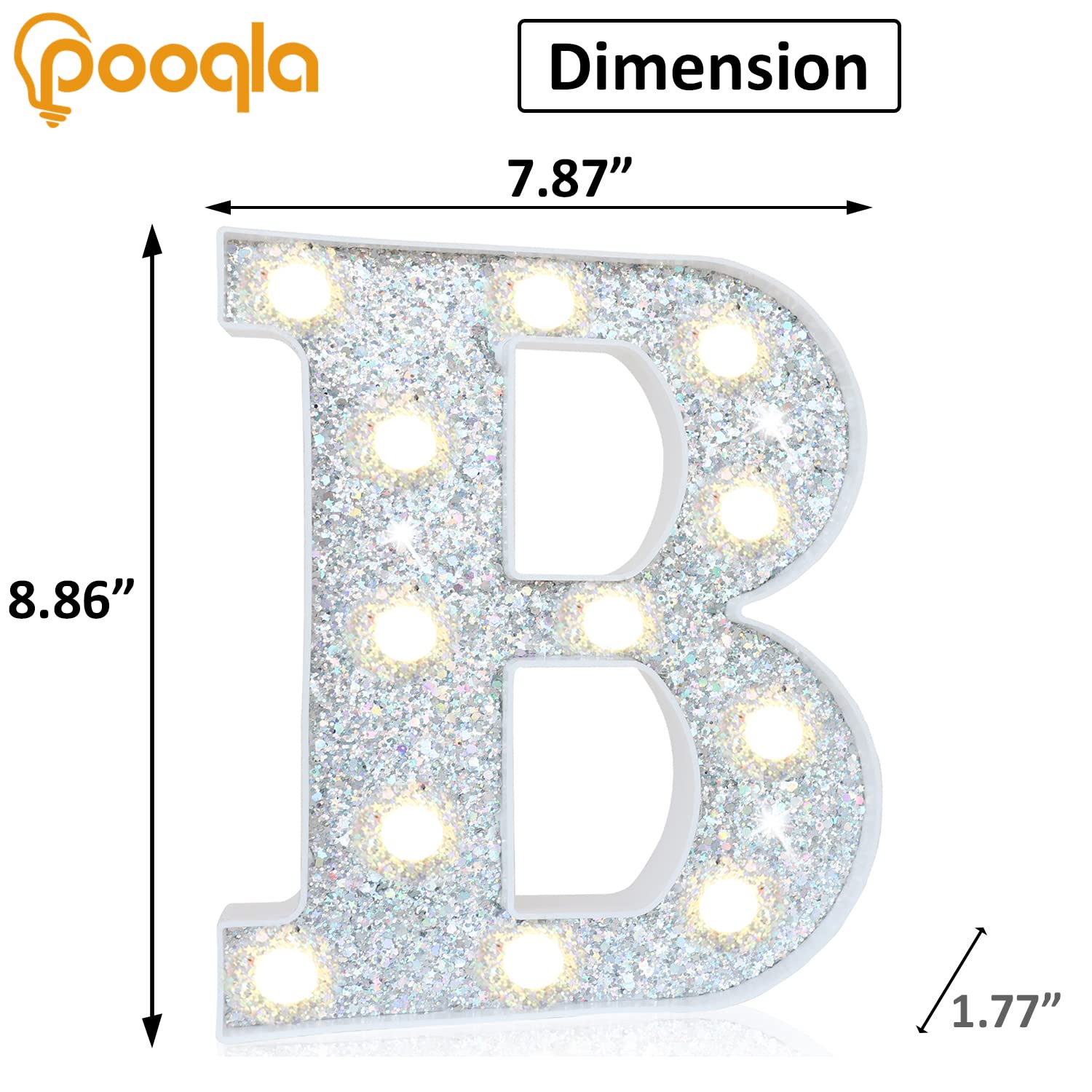 Pooqla LED Marquee Letter Lights - Silver Glitter Alphabet Sign with Battery Power for Night Light, Birthday Party, Wedding, Home Bar & Christmas Decorations - Perfect for Girls Gifts & Room Decor - Letter B