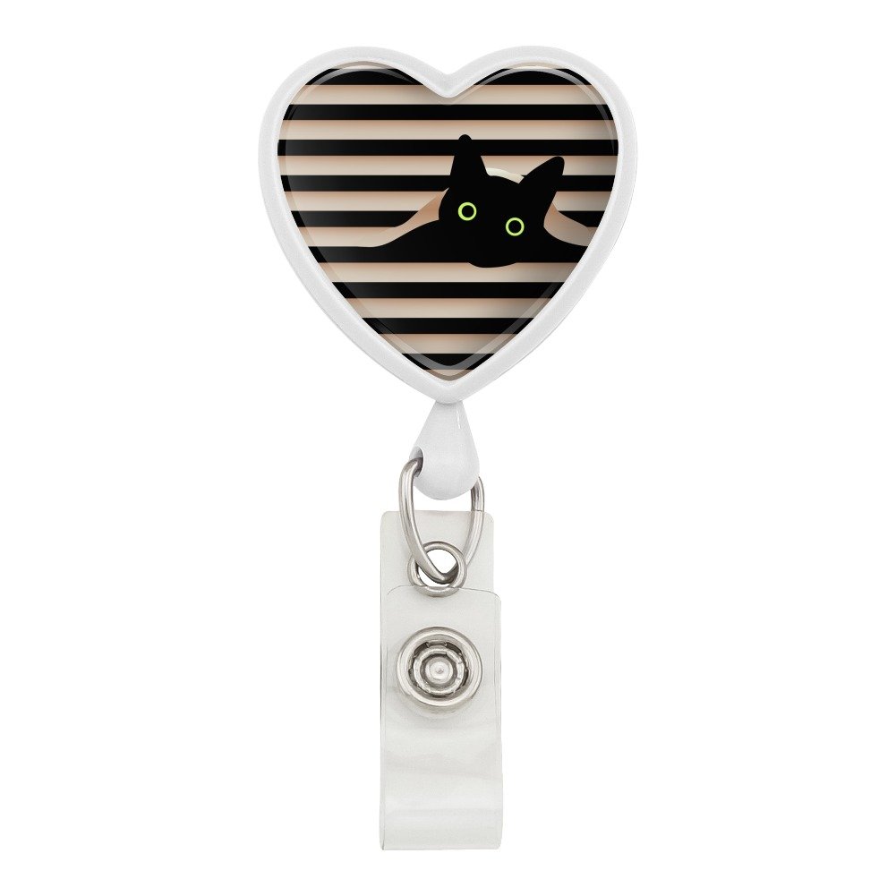 Black Cat in Window Heart Lanyard Retractable Reel Badge ID Card Holder - White | Perfect for Office, School, Events & Conventions