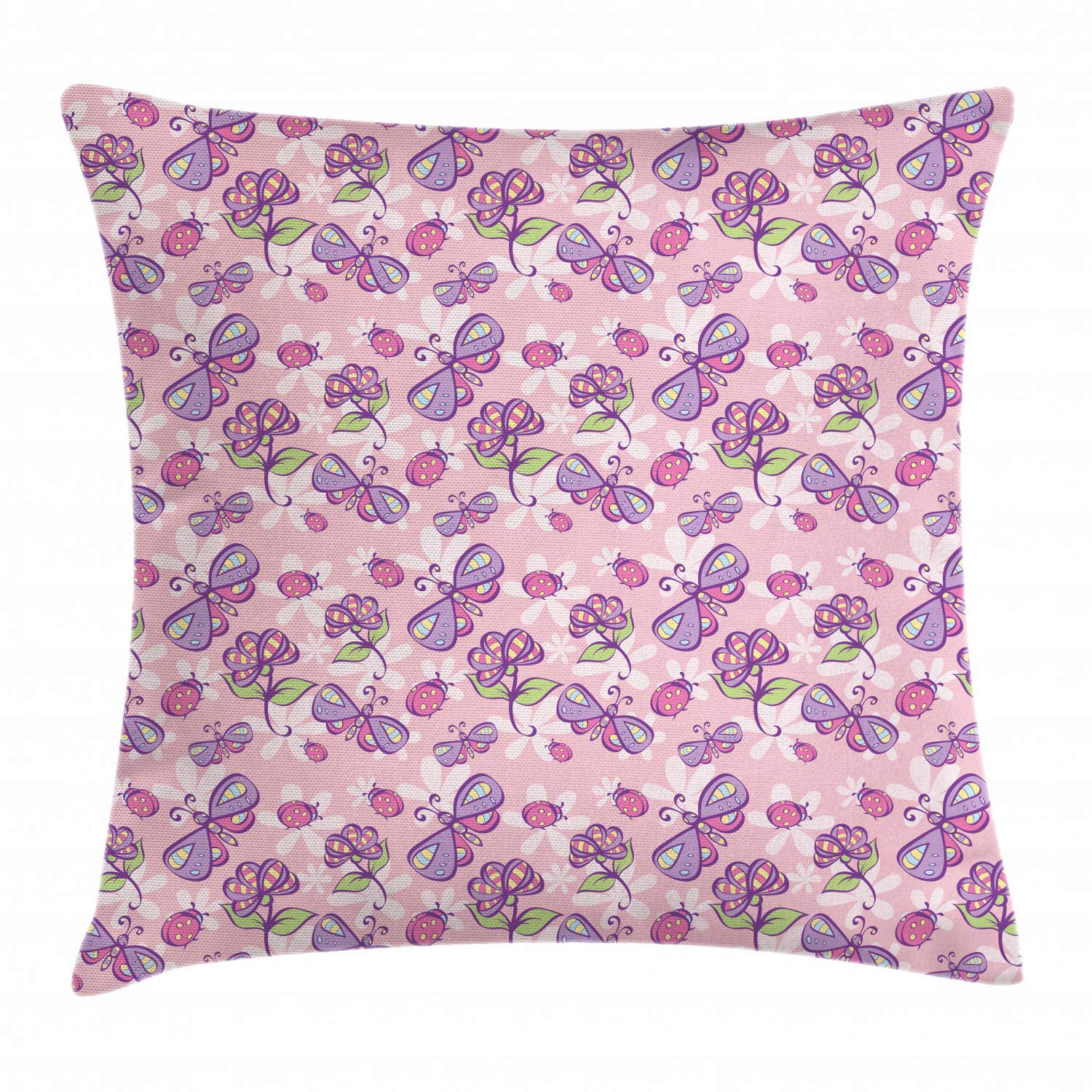 Ambesonne Floral Throw Pillow Cover 24x24 Inch - Butterfly Flower Cartoon Girls Playroom Decor, Square Accent Cushion Case in Pale Pink Lavender - Perfect for Kids Bedroom, Nursery, Living Room Sofa Decor