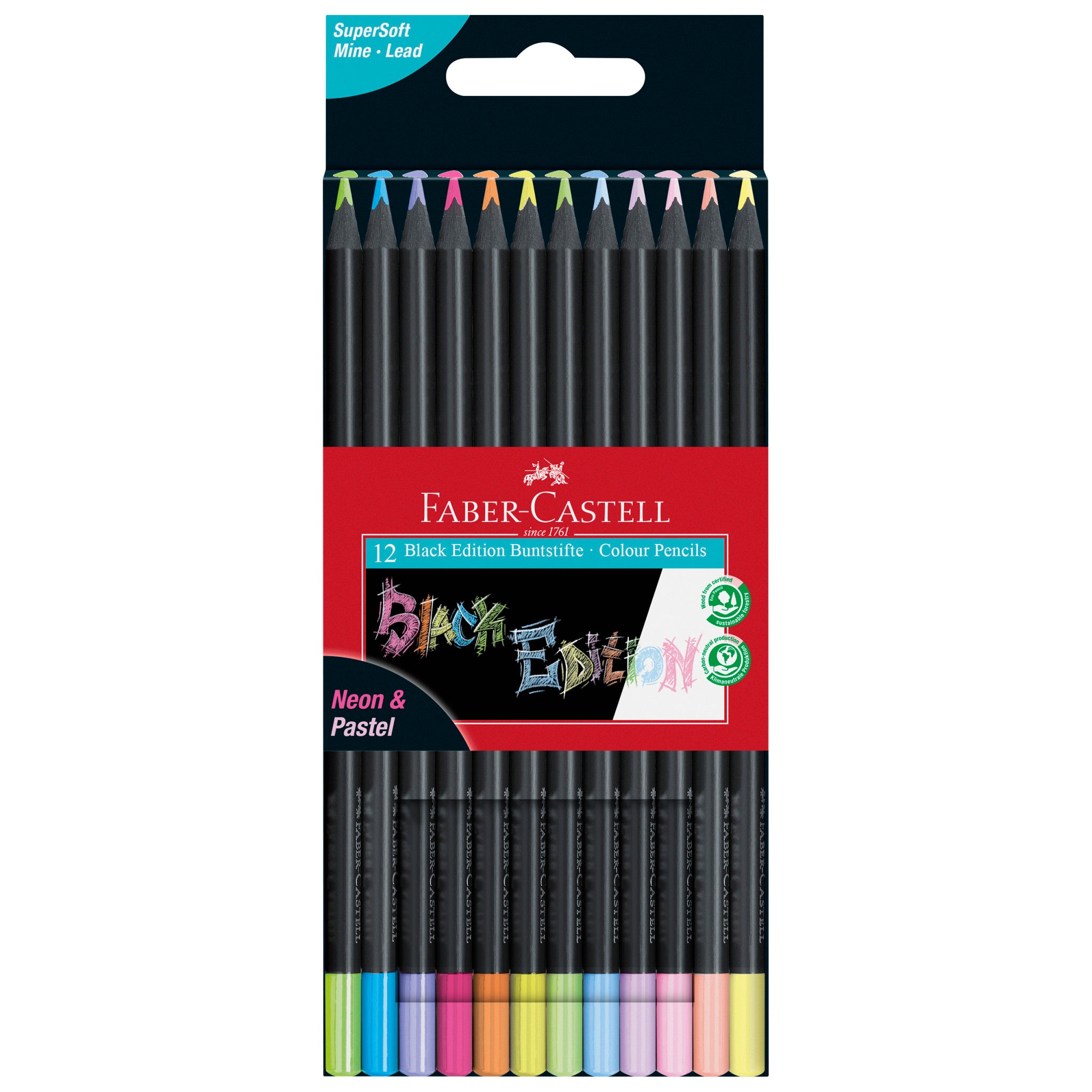 Premium Black Edition Colored Pencils Set - 12 Vibrant Neon & Soft Pastel Colors (#116410) for Adult Coloring Books, Art Projects & DIY Crafts