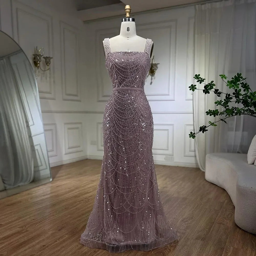 Serene Hill Turquoise Mermaid Beaded Pearls Spaghetti Strap Floor Length Evening Gown - Women's Formal Party Dress for Prom, Wedding, Gala & Special Occasions 2025 LA72032C