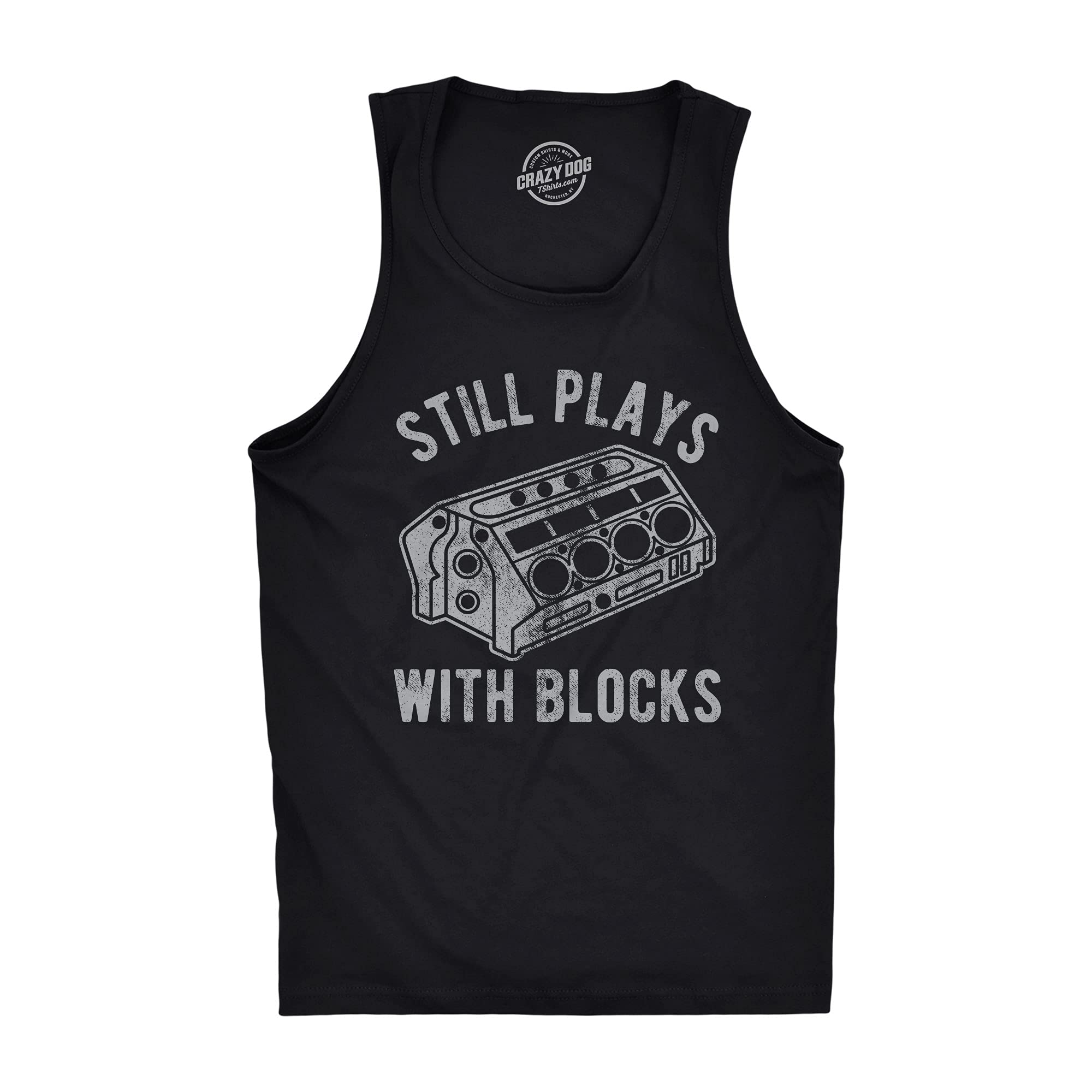 Funny Men's Fitness Tank Top - 'Still Plays with Blocks' Graphic Tee for Car Mechanics & Racing Enthusiasts | Gym, Garage & Casual Wear