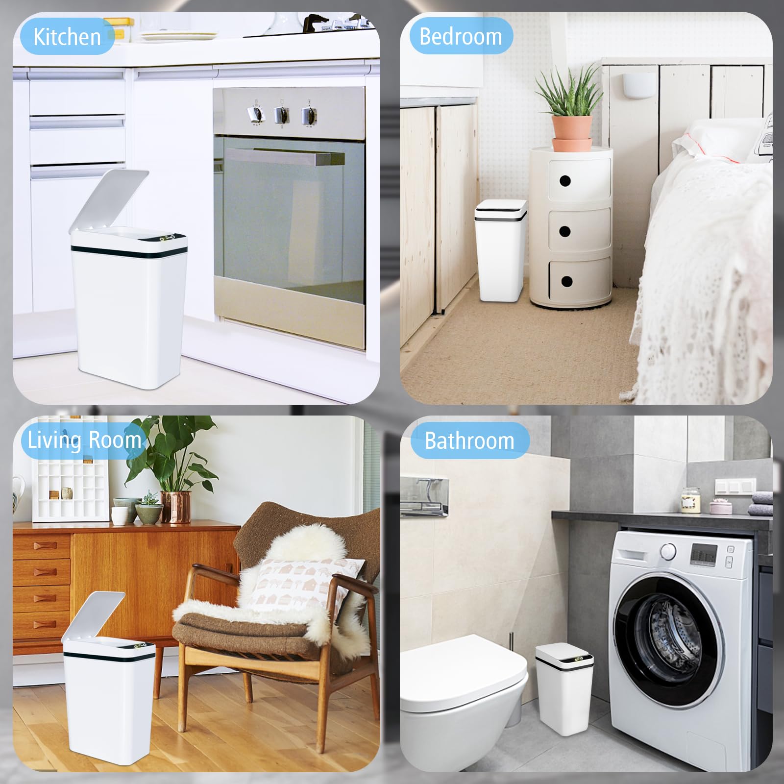 3-Pack Automatic Motion Sensor Trash Can with Lid, 2.6 Gallon Slim Waterproof Touchless Garbage Bin for Bathroom, Bedroom, Office & Living Room - White | Hands-Free Waste Disposal for Hygiene & Convenience