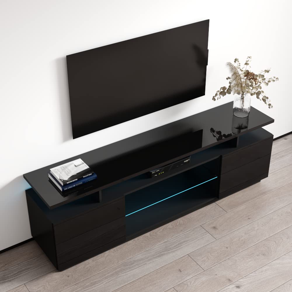 Modern Eva K TV Stand with Matte Glossy Finish - High Gloss Entertainment Center with Storage Cabinets & LED Lights - Media Console for TVs Up to 80 Inches (Black) - Perfect for Living Room, Home Theater & Gaming Setup