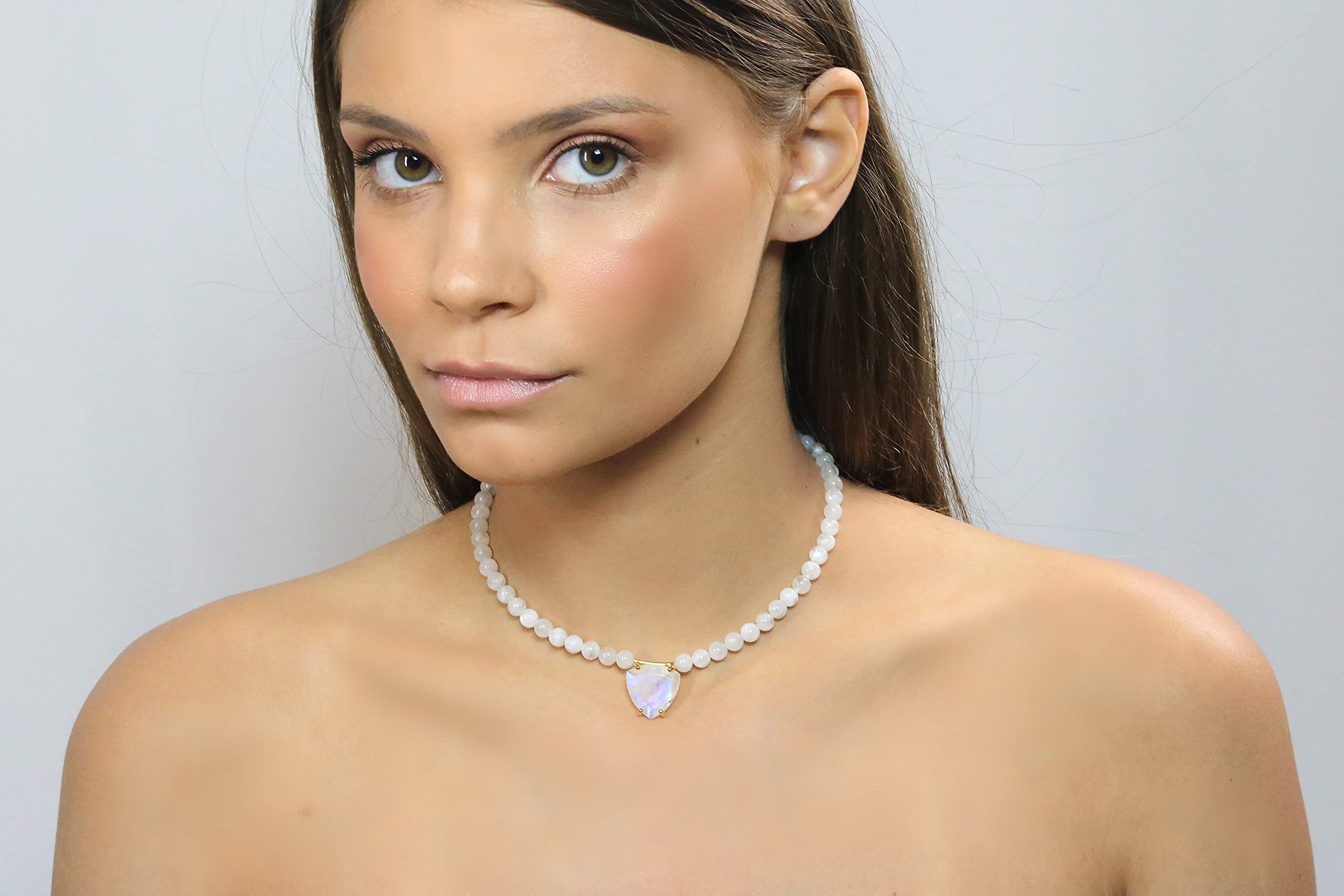 Beaded Moonstone Necklace with Trillion Cut Pendant - 14K Gold Vermeil Gemstone Jewelry for Women - June Birthstone Gift, Bridal Necklace | Perfect for Weddings, Anniversaries & Special Occasions