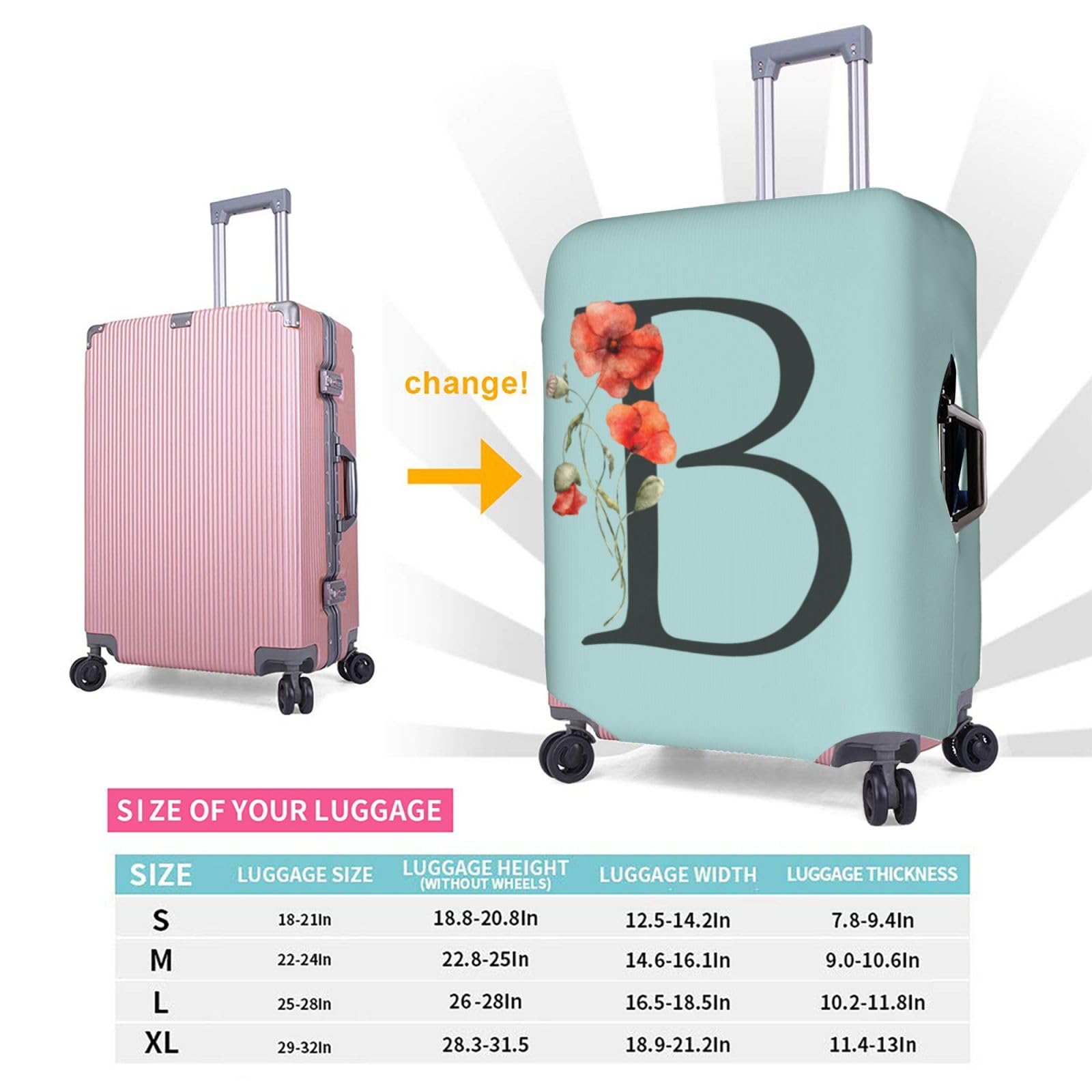 Spandex Blue Suitcase Protector Cover with Black Letter B & Boho Floral Poppy Leaves Design - Dust-Proof Washable Luggage Bag for 25-28 Inch Wheeled Suitcases (Kids & Adults) - Perfect for Travel, Airplane Trips & Vacation Packing