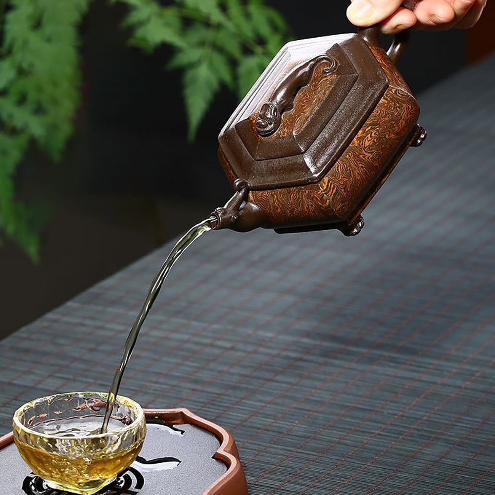 Premium Yixing Purple Clay Chi Long Dragon Hexagonal Teapot - Handmade Chinese Ceramic Teapot for Oolong, Pu-erh & Green Tea Brewing - Perfect for Tea Ceremonies & Home Decor