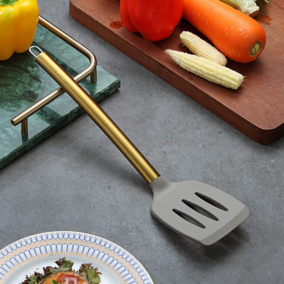 Premium Gold Plated Non-Stick Silicone Slotted Turner - Berglander Titanium Handle Cooking Spatula for Kitchen & BBQ | Dishwasher Safe & Easy to Clean | Perfect for Flipping Pancakes, Burgers & Grilling