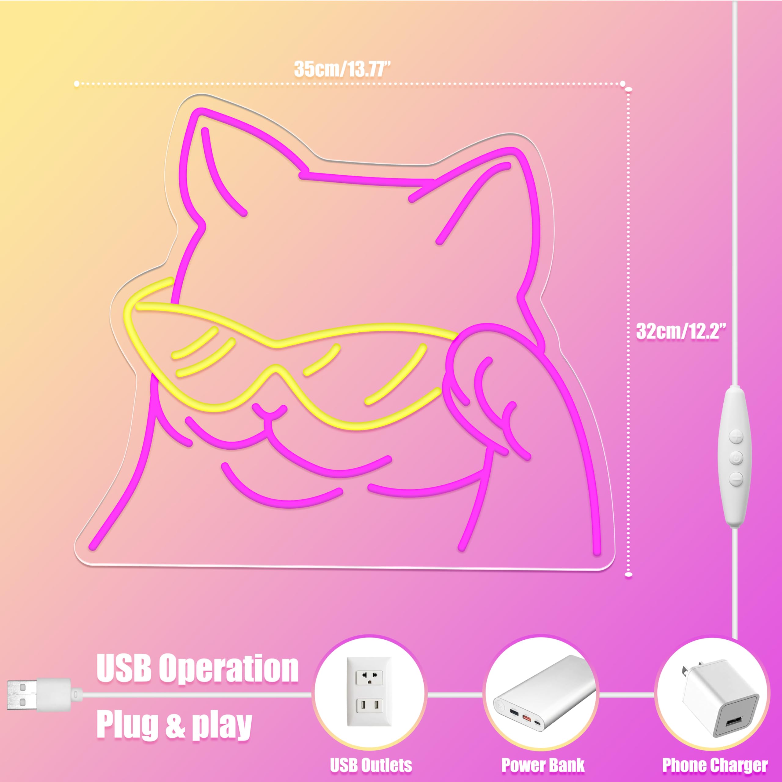 Cool Cat Neon Sign - Smiling Cat with Glasses LED Wall Light, USB Powered Dimmable Decor for Bedroom, Bar & Game Room - Perfect Cat Lover Gift & Unique Home Decor