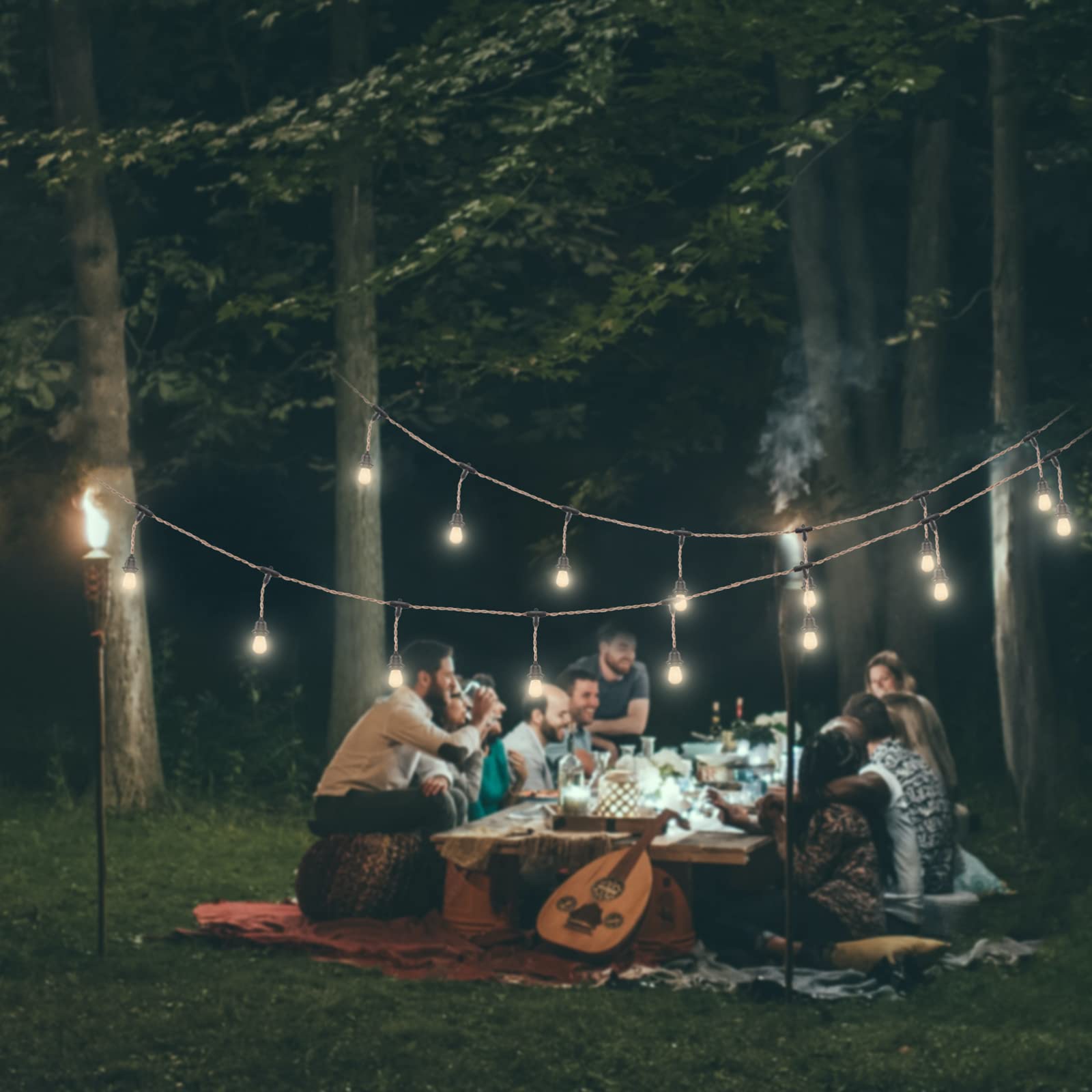 48 FT Hemp Rope Outdoor String Lights - Waterproof & Shatterproof Commercial Grade E26 S14 Bulbs - Perfect for Patio, Garden, Backyard & Wedding Decor