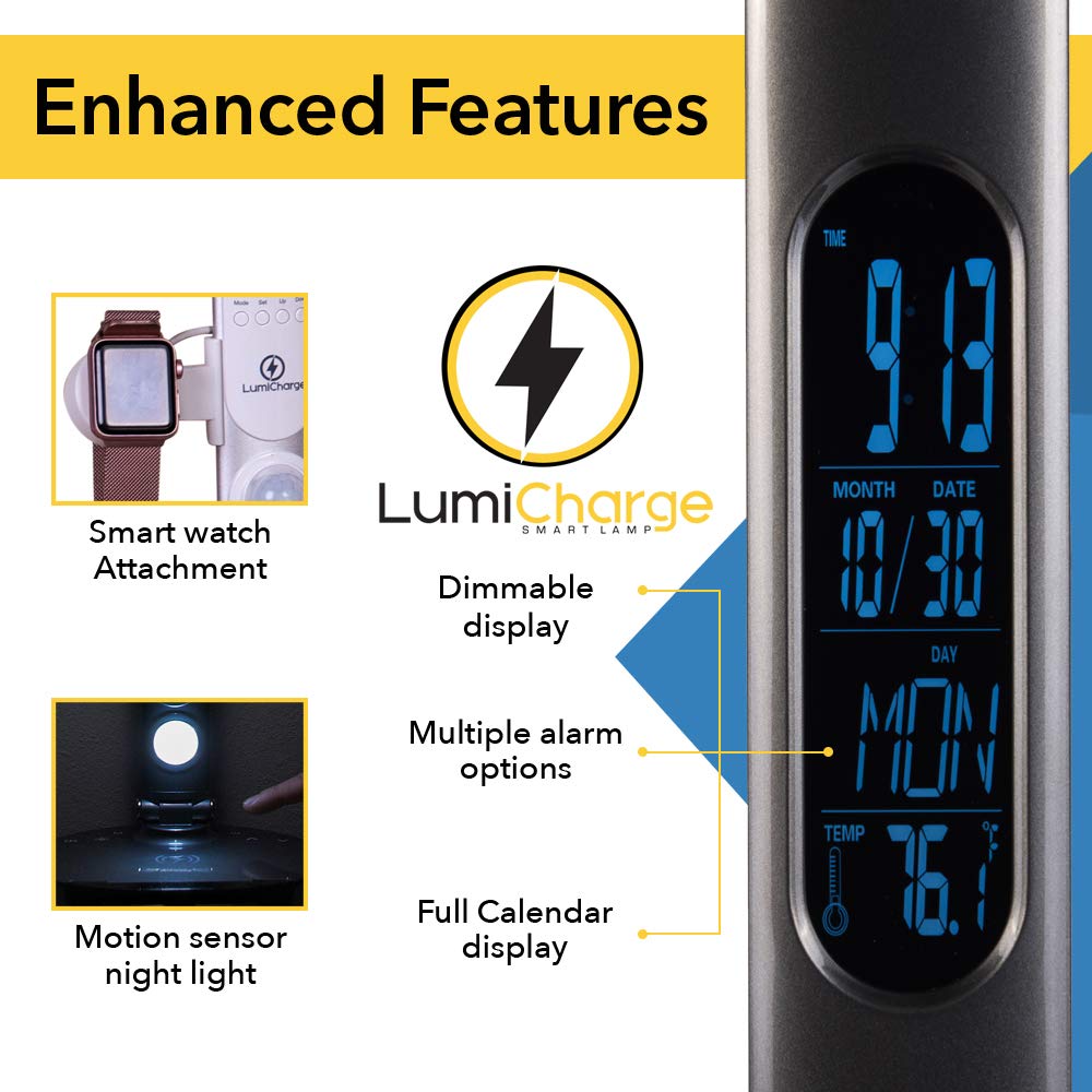 LumiCharge LED 6-in-1 Desk Lamp with Qi Wireless Charger - 10W Fast Charging Pad, Touch Control, Motion Sensor Light, Digital Clock Display | Universal Compatibility for Smartphones & Smartwatches | Modern Black | Perfect for Home Office, Bedroom Nightstand & Workspace Lighting