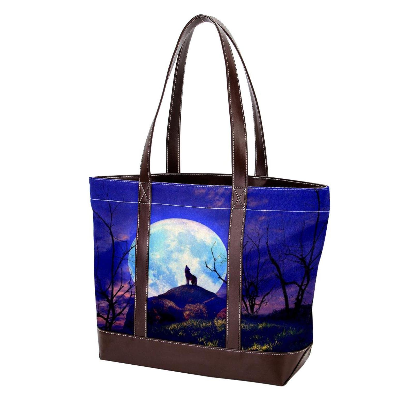 Premium Large Leather & Canvas Tote Bag for Women - Full Moon Wolf Print Shoulder Satchel Hobo Purse - Stylish Handbag for Work, Travel & Everyday Use