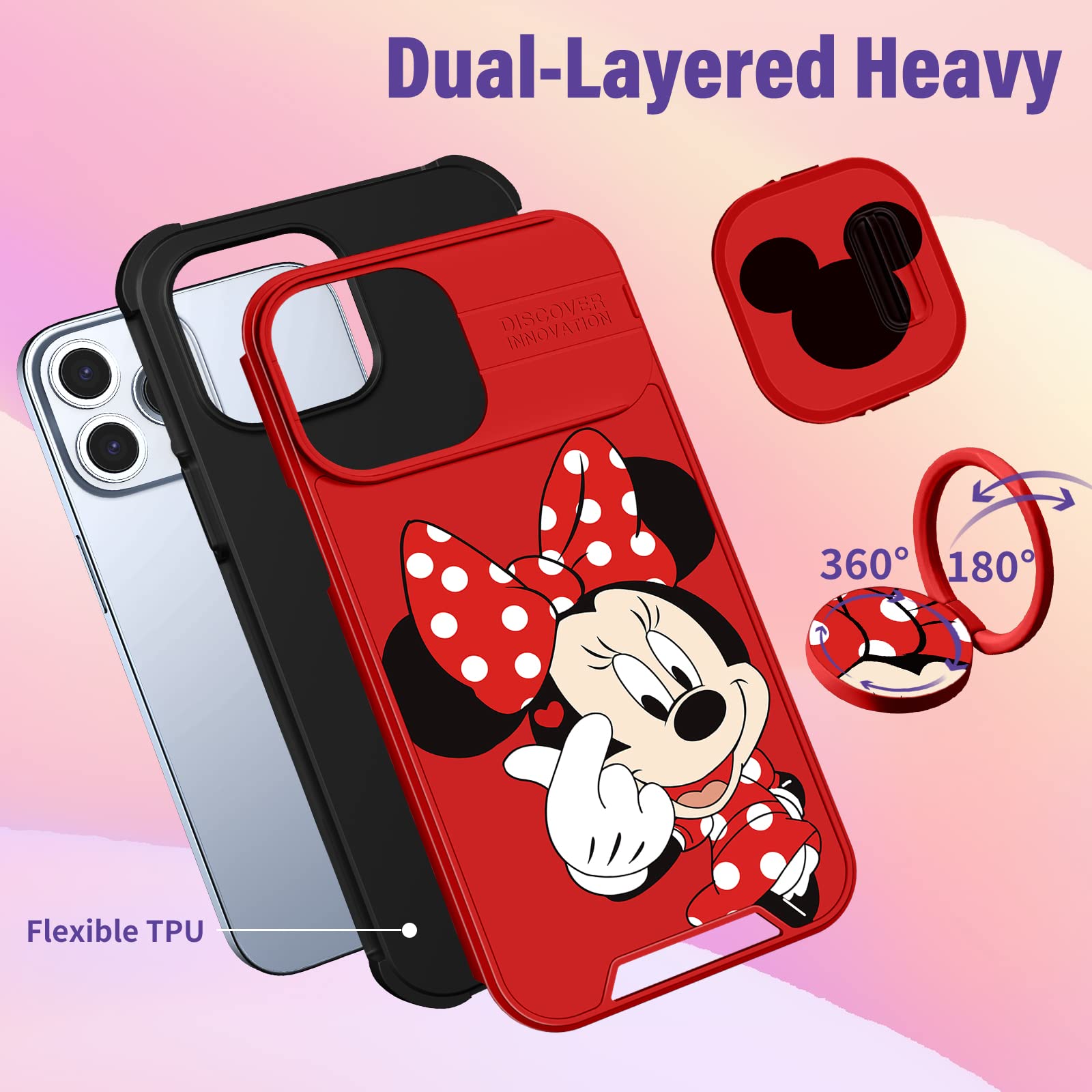 Cute Cartoon iPhone 15 Pro Max Case with Camera Cover & Ring Holder - Kawaii Heart Design Protective Phone Cover for Women & Girls | Perfect for Everyday Use, School, Work & Travel