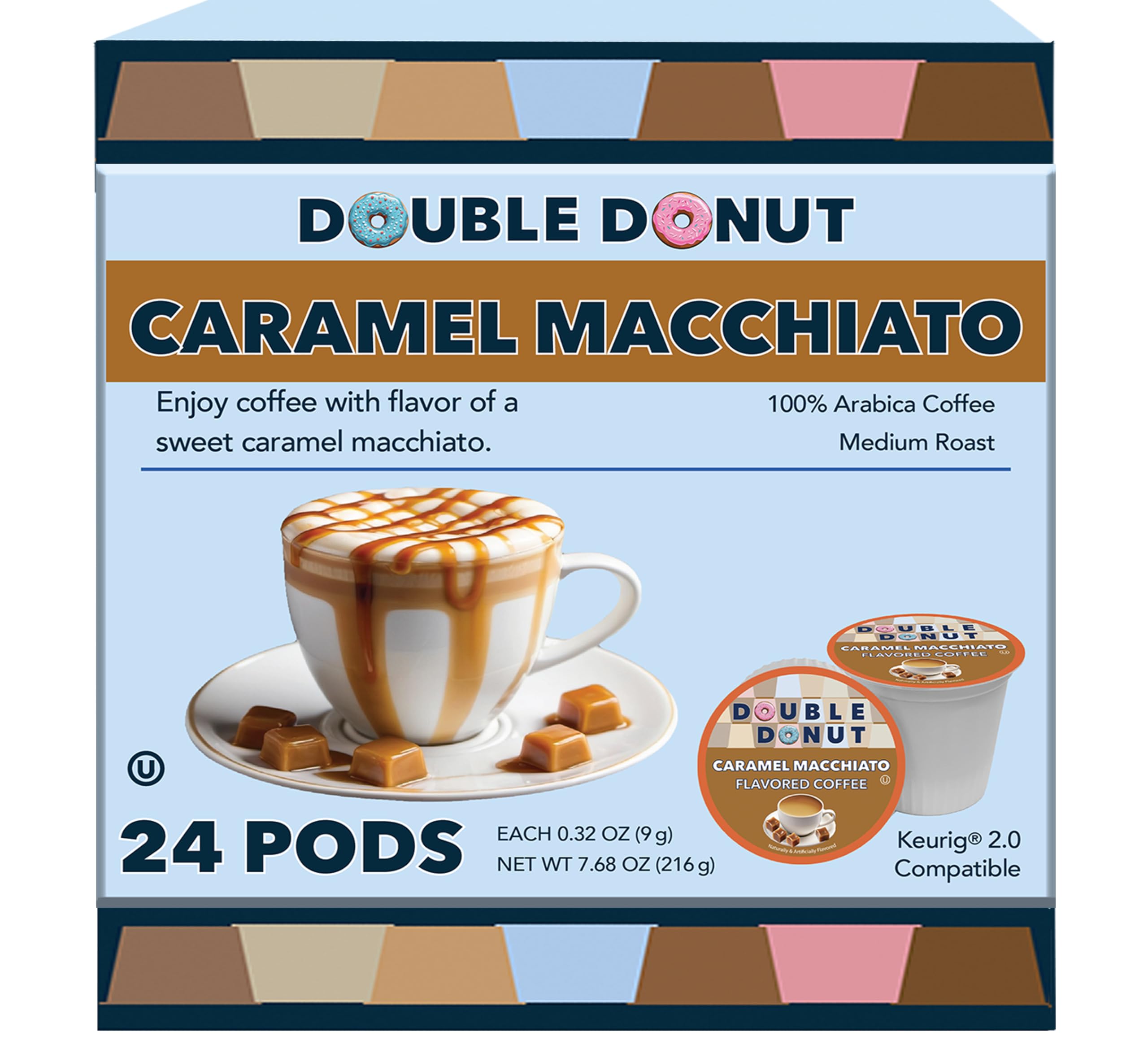 Double Donut Flavored Coffee Pods - Caramel Macchiato & Caramel Coffee for Keurig K-Cups | Medium Roast, Recyclable Pods (24 Count) | Perfect for Office, Home & Gift Giving