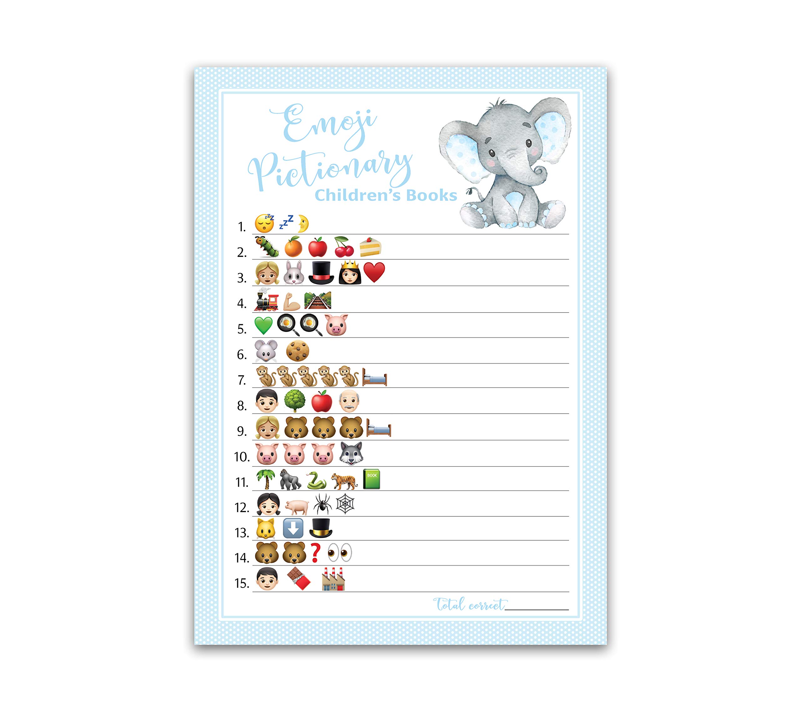BLUE EMOJI Baby Shower Game Pack of 25 - Fun Baby Shower Pictionary Game with Blue Polka Dot Design & Cute Elephant Emojis, Perfect for Boy Baby Showers, Gender Reveals & Nursery Decor | SKU G501-EMJ