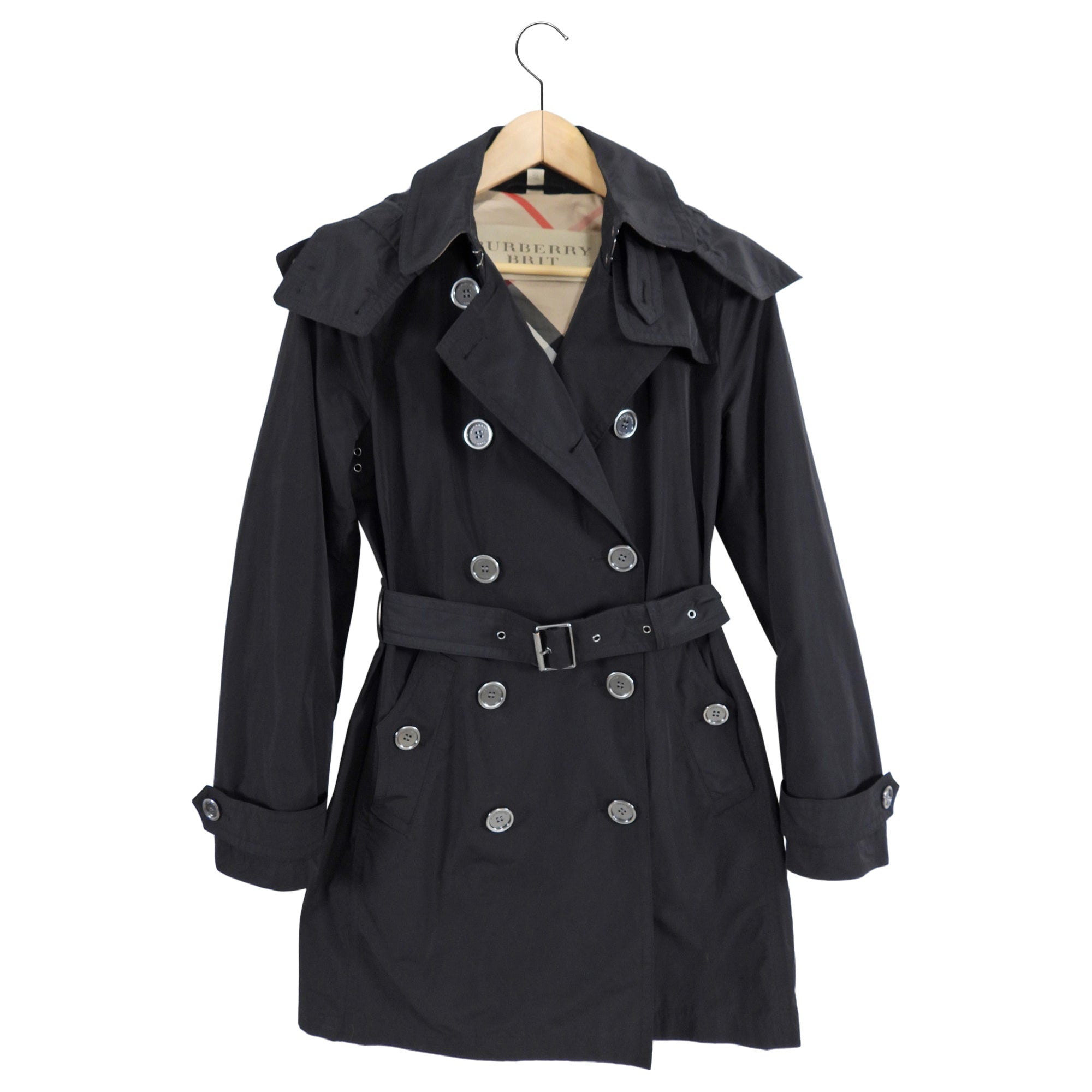 Burberry Brit Black Nylon Short Trench Coat for Women - XS / 2 - Classic Waterproof Lightweight Jacket for Fall & Spring Fashion