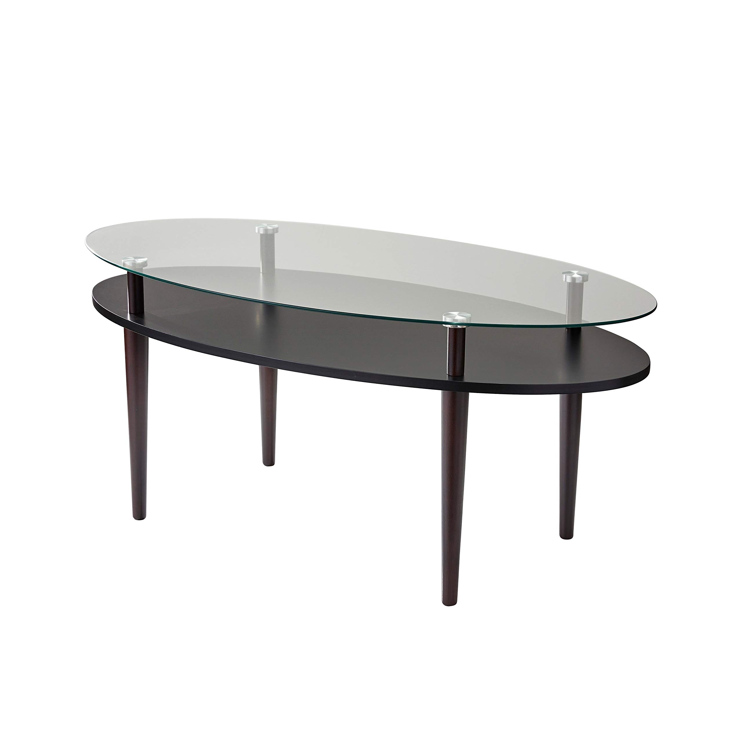 Mid-Century Modern Oval Coffee Table with Glass Top & Walnut Finish - Contemporary Transitional Design with Storage Shelf - Perfect for Living Room, Lounge & Office Spaces