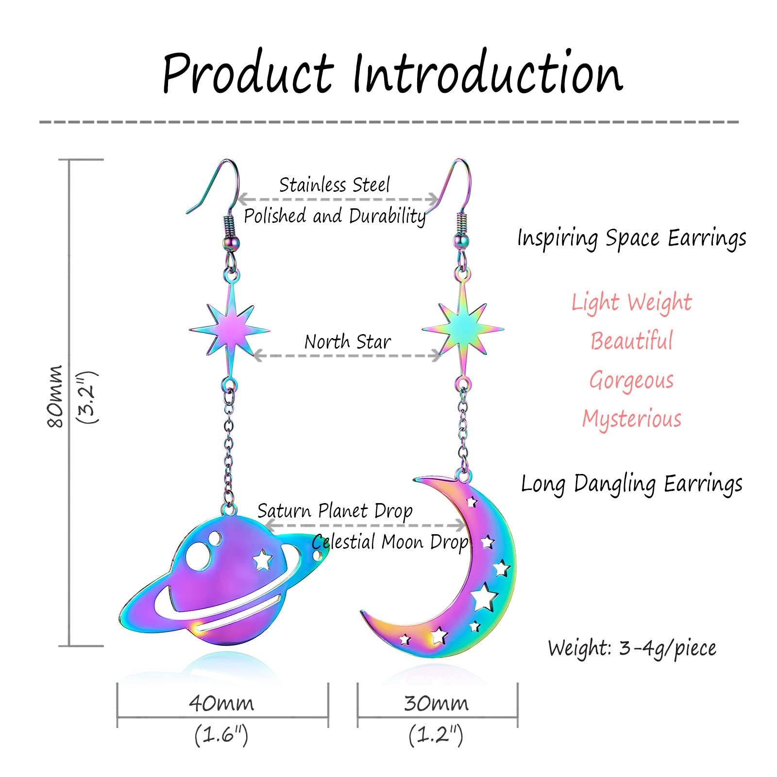 REELMAR Asymmetrical Celestial Moon Star Saturn Dangle Earrings for Women - Elegant Crescent Moon & Planet Drop Earrings - Mysterious Space-Themed Statement Jewelry for Parties, Date Nights & Special Occasions