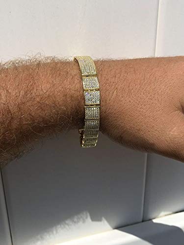 HarlemBling 925 Sterling Silver 14k Gold Plated Men's Iced Flooded Out Bracelet with Icy Micropave Cz - 11mm Wide ID Bracelet for Men - Perfect for Hip-Hop Fashion, Streetwear & Luxury Gifts