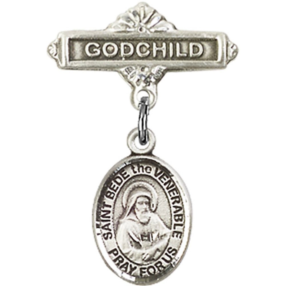 St. Bede The Venerable Sterling Silver Baby Badge Pin - 1 X 5/8 Inch Godchild Charm - Perfect for Christenings, Baptisms & Religious Gifts