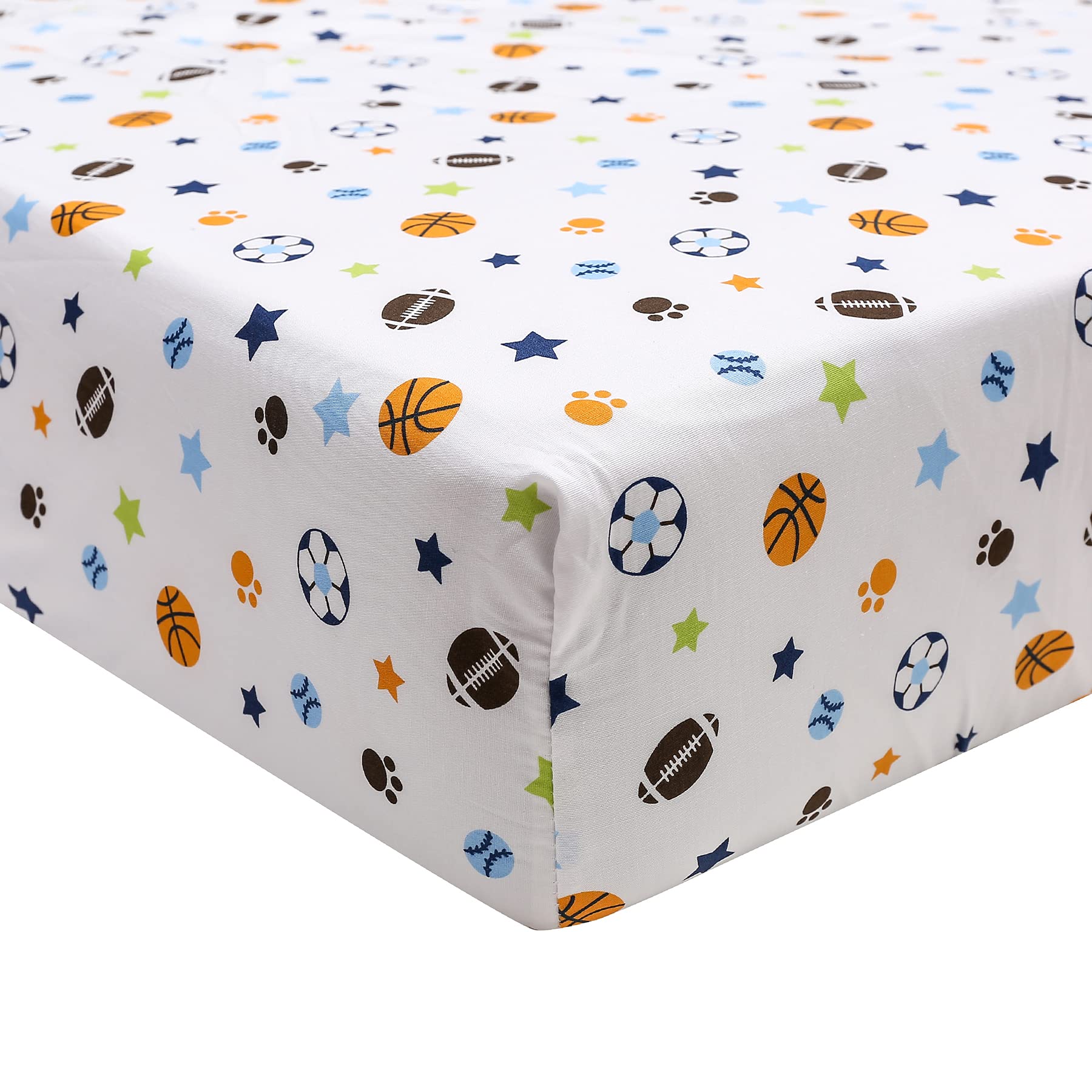 5-Piece Blue & Grey Sports Theme Nursery Crib Bedding Set for Baby Boys - Baseball, Basketball & Soccer Embroidery - Includes Quilt, Fitted Sheet, Crib Skirt, Valance & Changing Pad Cover (28