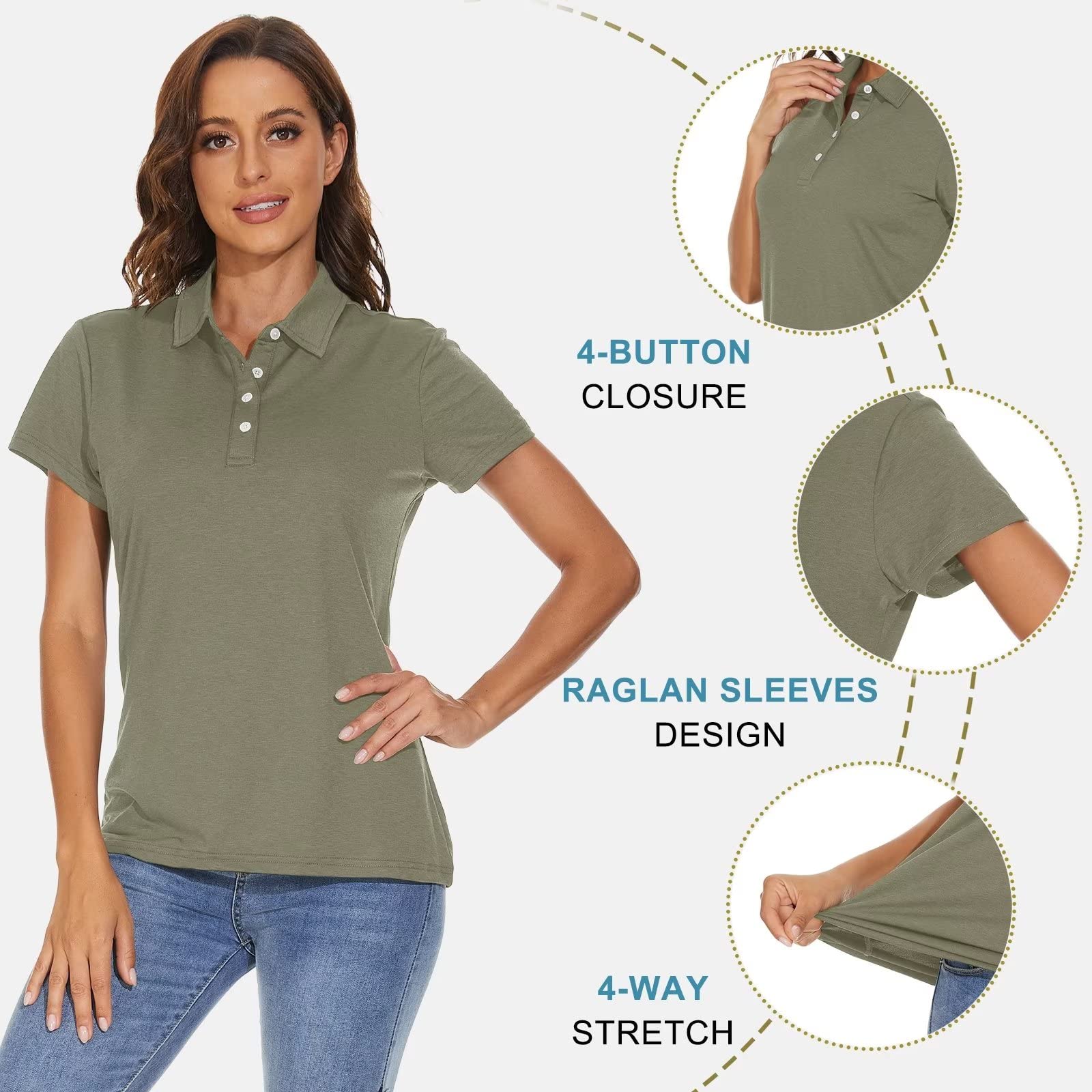 KEFITEVD Women's Short Sleeve Polo Shirts - Moisture Wicking Performance Golf & Tennis Tops with 4-Button Collar - Perfect for Sports, Work & Casual Wear