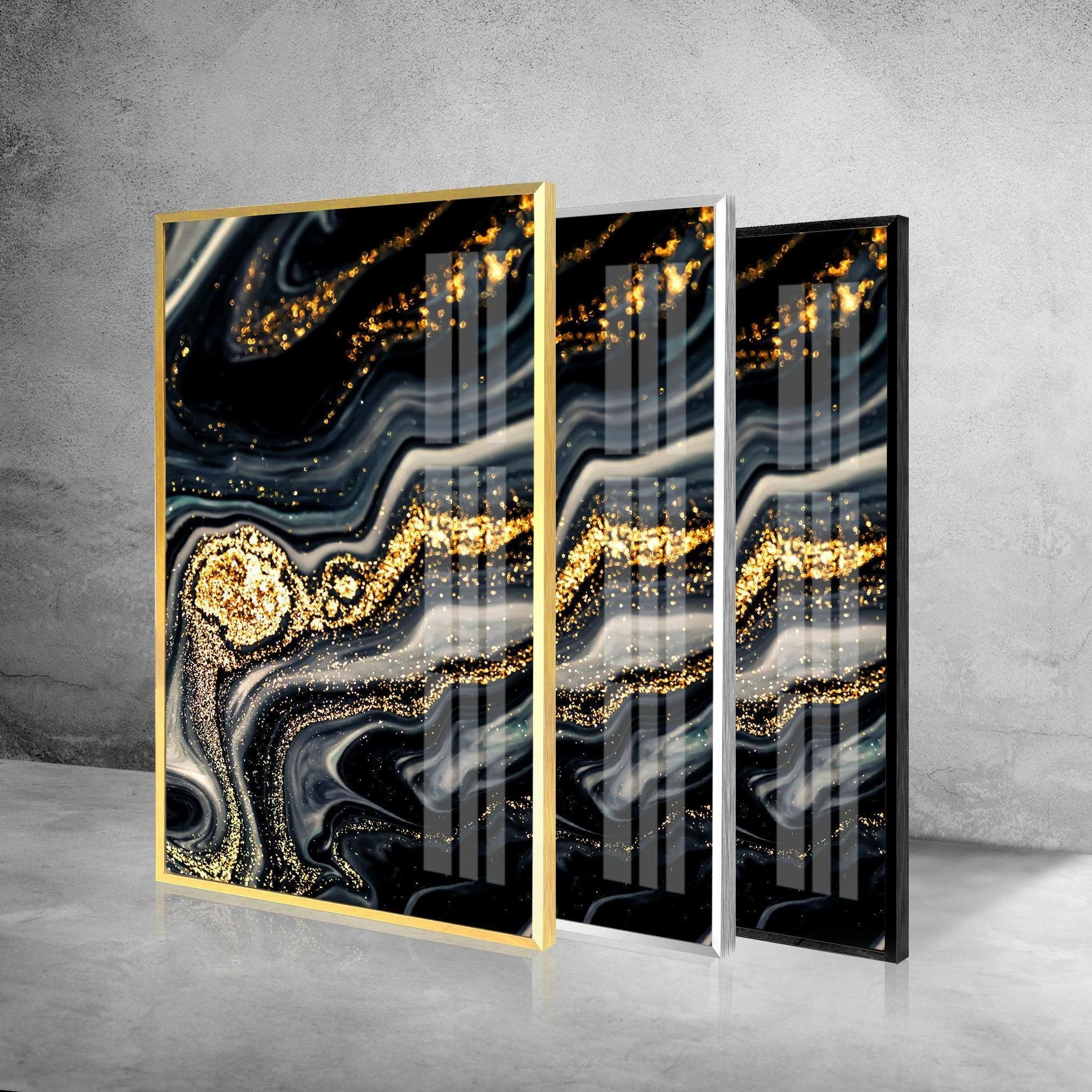 Black Gold Marble Abstract Glass Wall Art - Modern Home Decor for Living Room, Bedroom & Office - Elegant Handmade Glass Painting for Wall Decoration