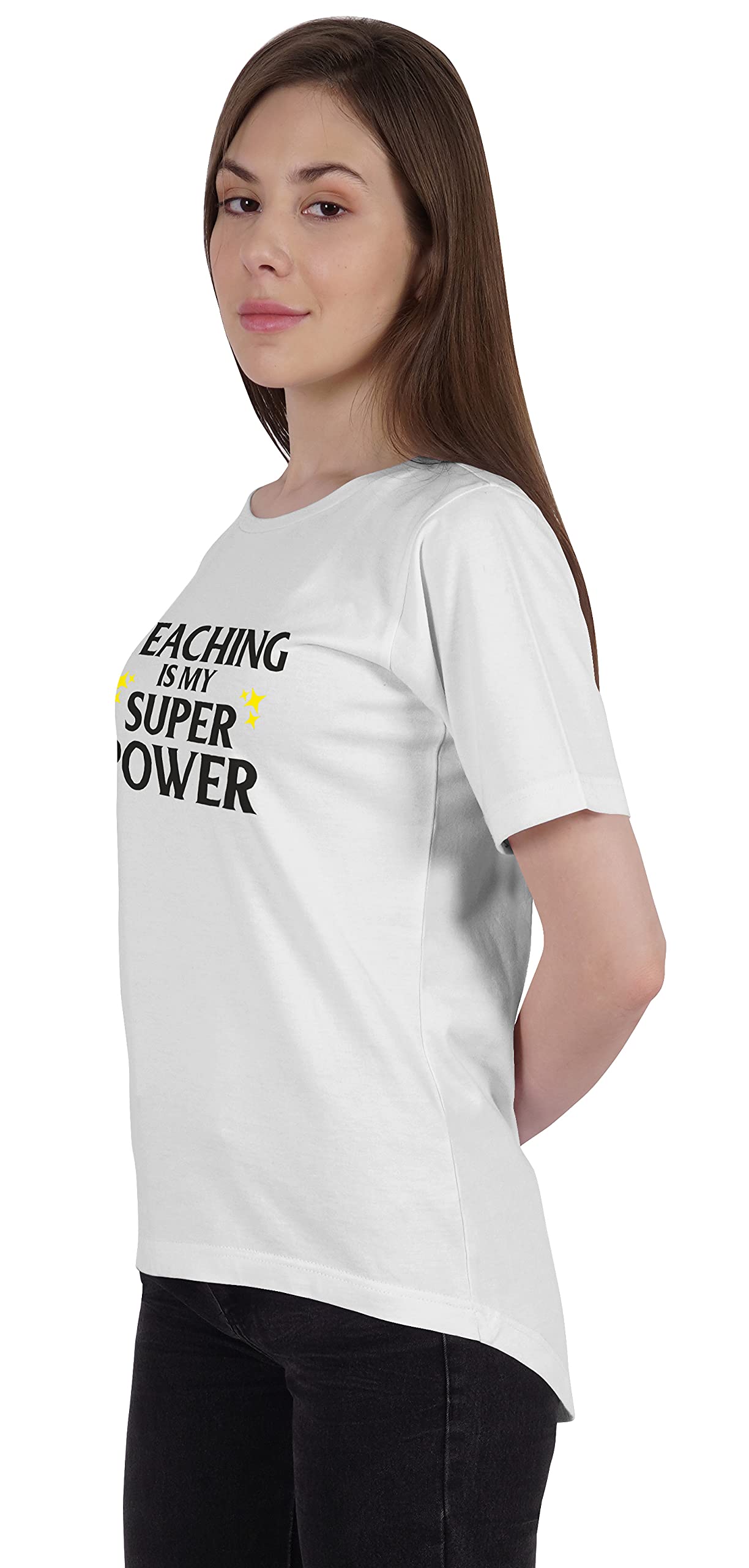 Inkmeso Women's Scoop Neck Graphic T-Shirt - 'Teaching is My Super Power' Teacher Quote Top | Casual Wear for Educators, Back to School, Teacher Appreciation Gifts