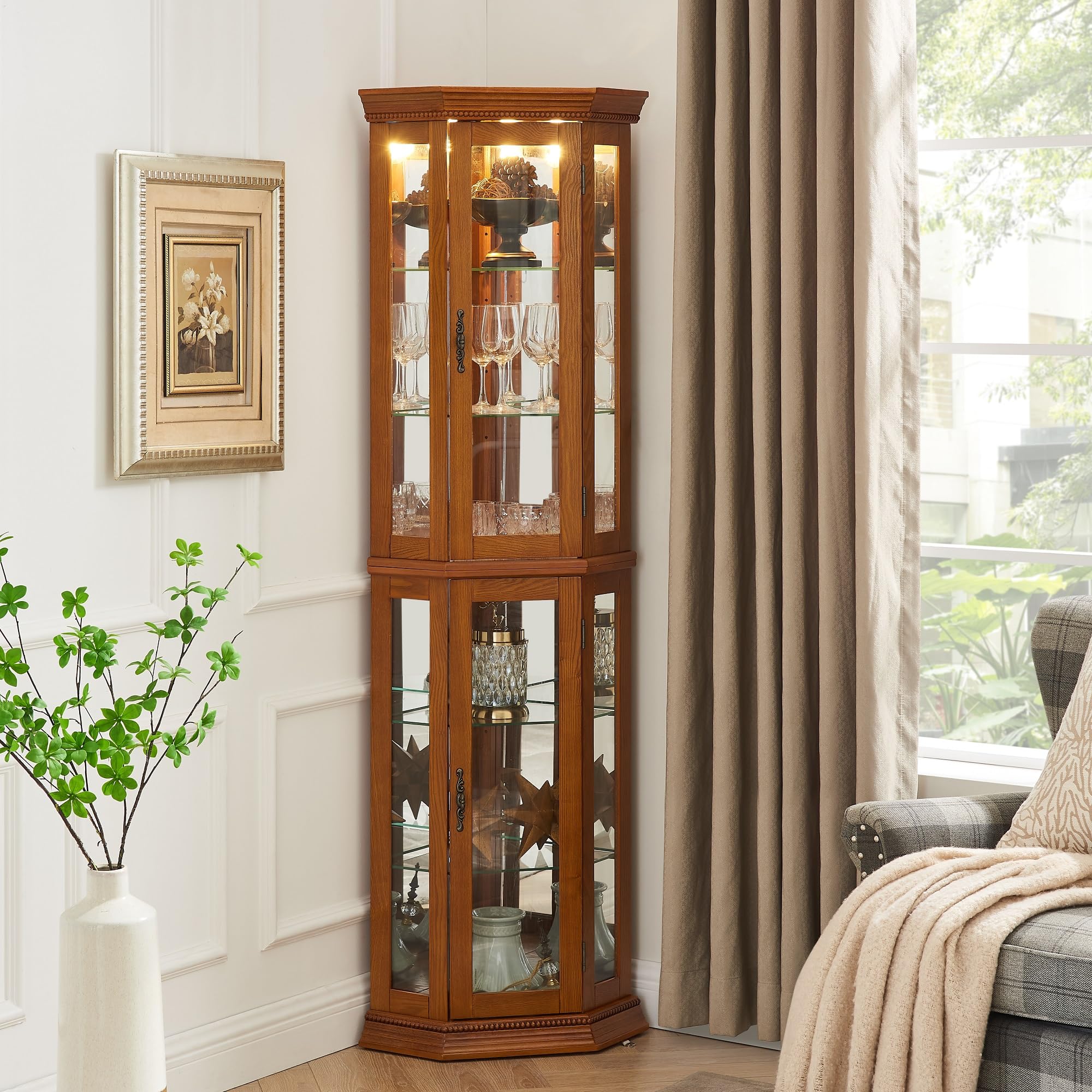 6-Tier Lighted Corner Curio Cabinet with Tempered Glass Doors - Adjustable Shelves & Mirrored Back Panel - Freestanding Oak Display Case for Collectibles (No Bulb Included) - Perfect for Living Room, Bedroom or Office Décor