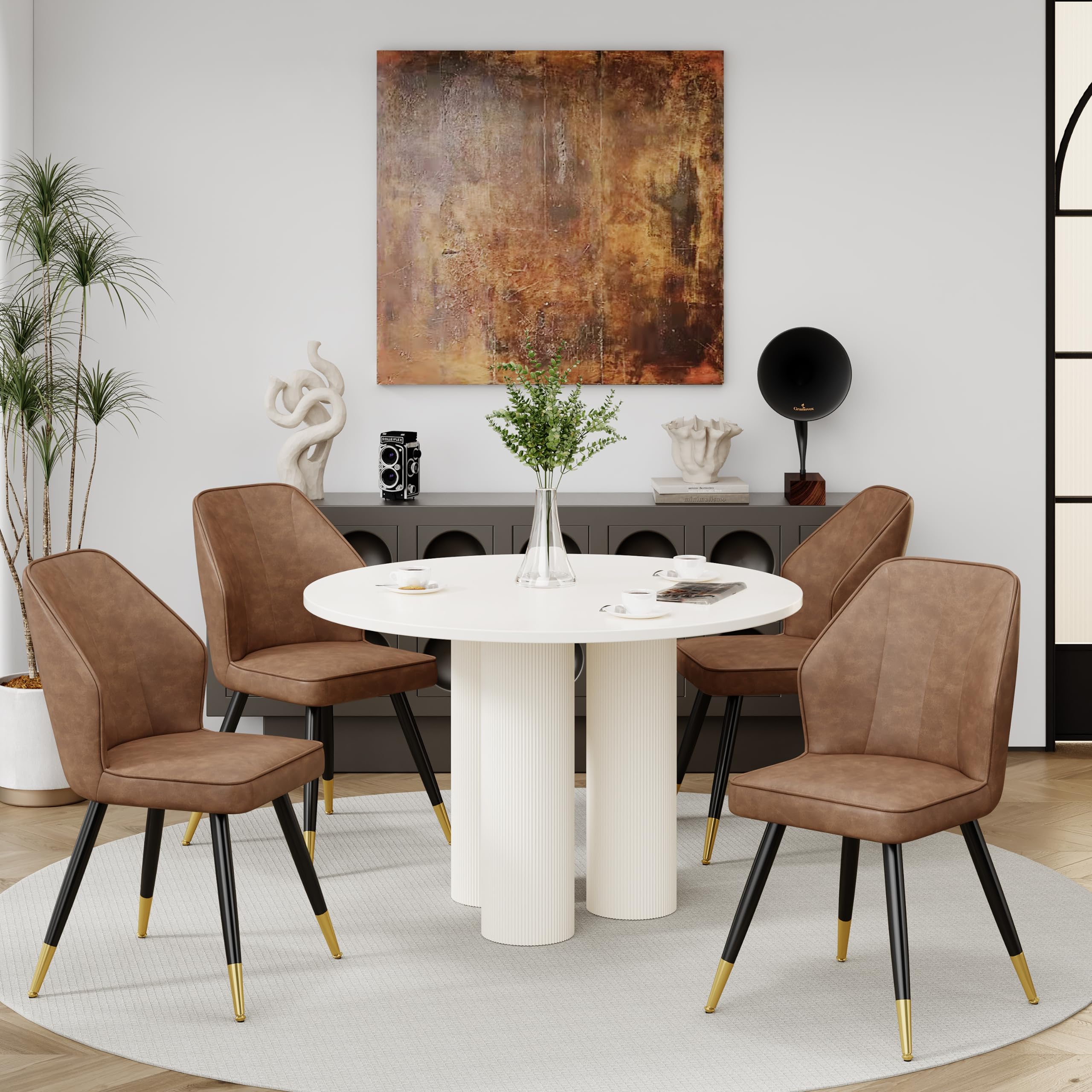 Andeworld Set of 2 Mid Century Modern Upholstered Dining Chairs - Faux Leather Armless Side Chairs with Golden Metal Legs for Dining Room, Living Room, Kitchen & Office - Brown Accent Chairs for Home Decor