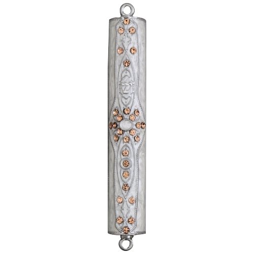 Silver Plated Brass Mezuzah Case with Gold Crystals - Home Blessing Decor