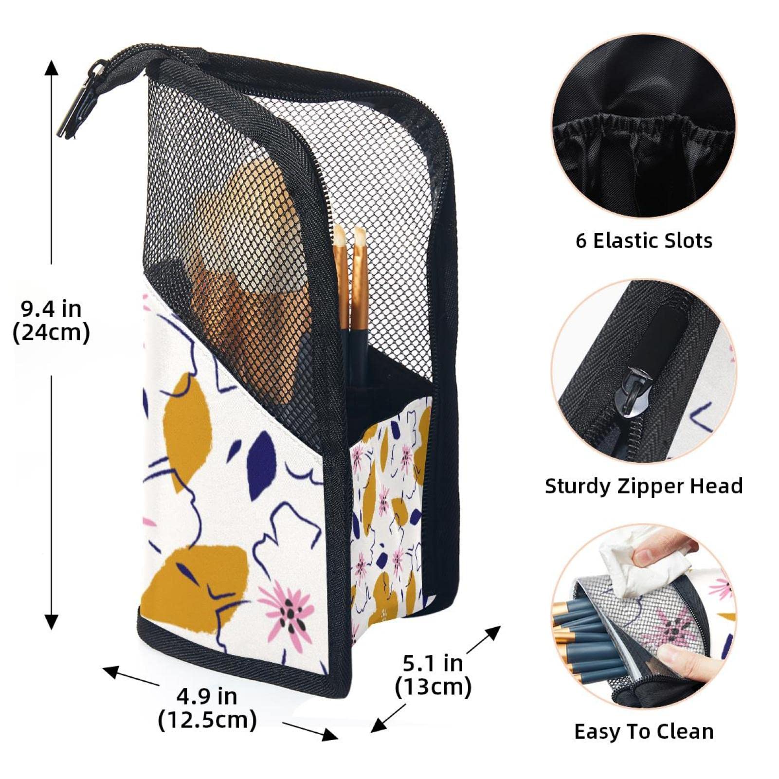 12-Piece Makeup Brush Organizer Bag with Vector Flower Pattern - Portable Cosmetic Brush Holder Case for Travel & Home Storage (Yellow)