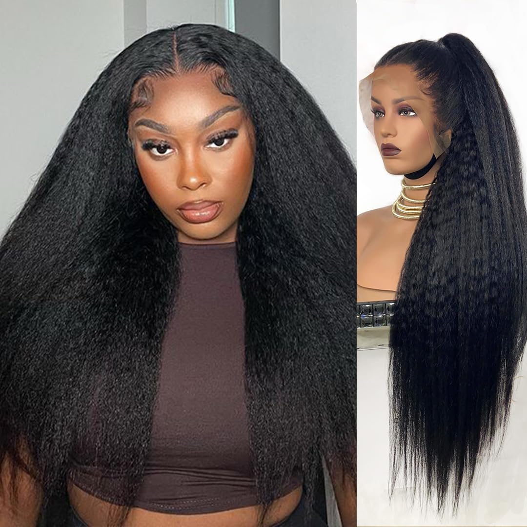 24Inch Kinky Straight Human Hair Lace Front Wig - Pre Plucked with Baby Hair, 13x6 HD Transparent Lace, 180% Density, Natural Yaki Straight Human Hair Wigs for Black Women | Perfect for Daily Wear, Parties, Cosplay & Protective Styling