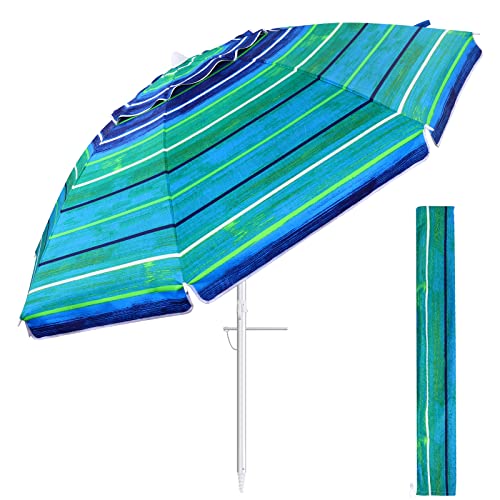 FEFLO 7ft Large Windproof Beach Umbrella with Anchor & Adjustable Tilt - UV 50+ Sun Protection for Outdoor, Pool, Patio, Backyard - Portable Lightweight Sand Umbrella with Carry Bag