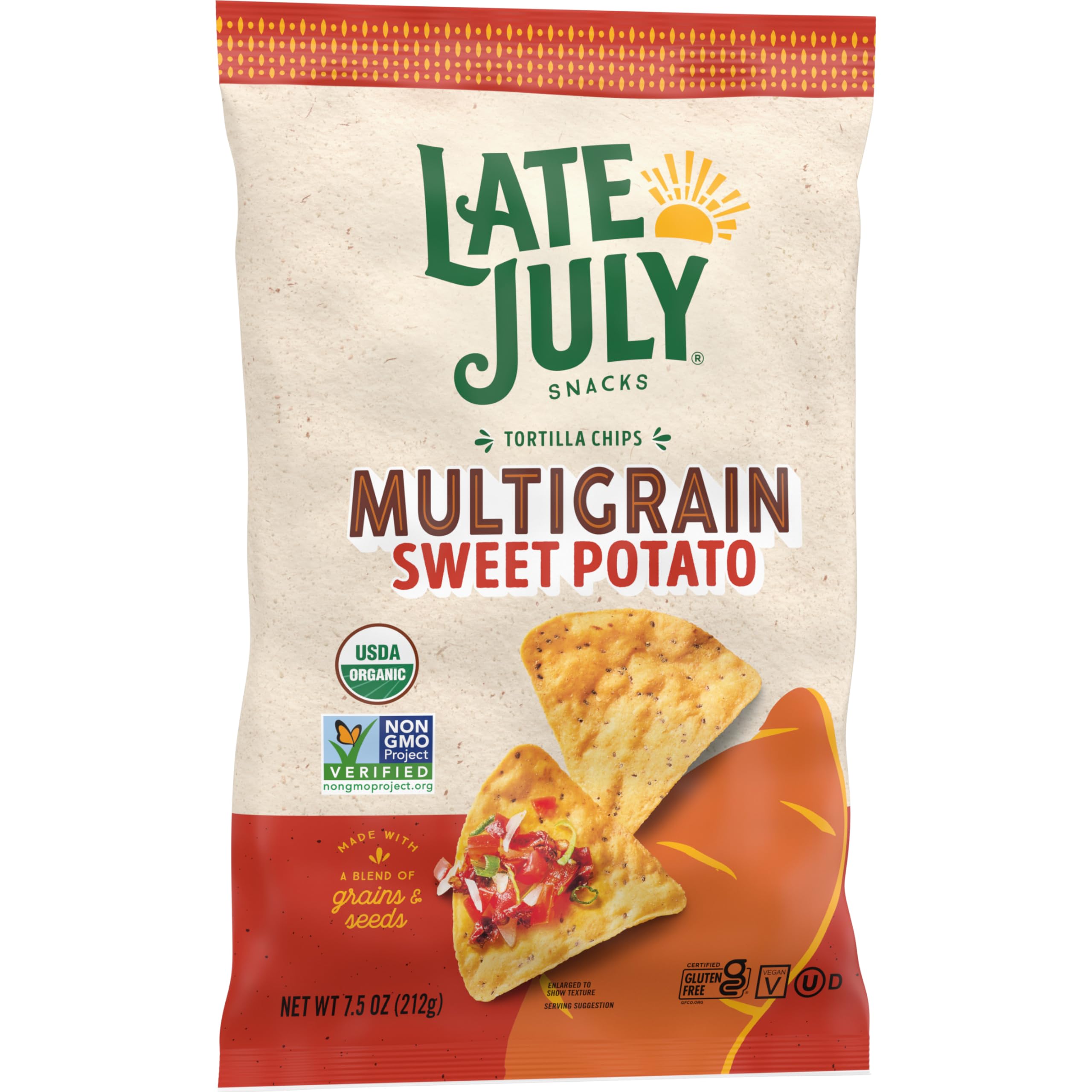 Organic Multigrain Sweet Potato Tortilla Chips by Late July Snacks - Gluten-Free, Non-GMO, 7.5 Oz Bag - Perfect for Healthy Snacking, Parties & Dips