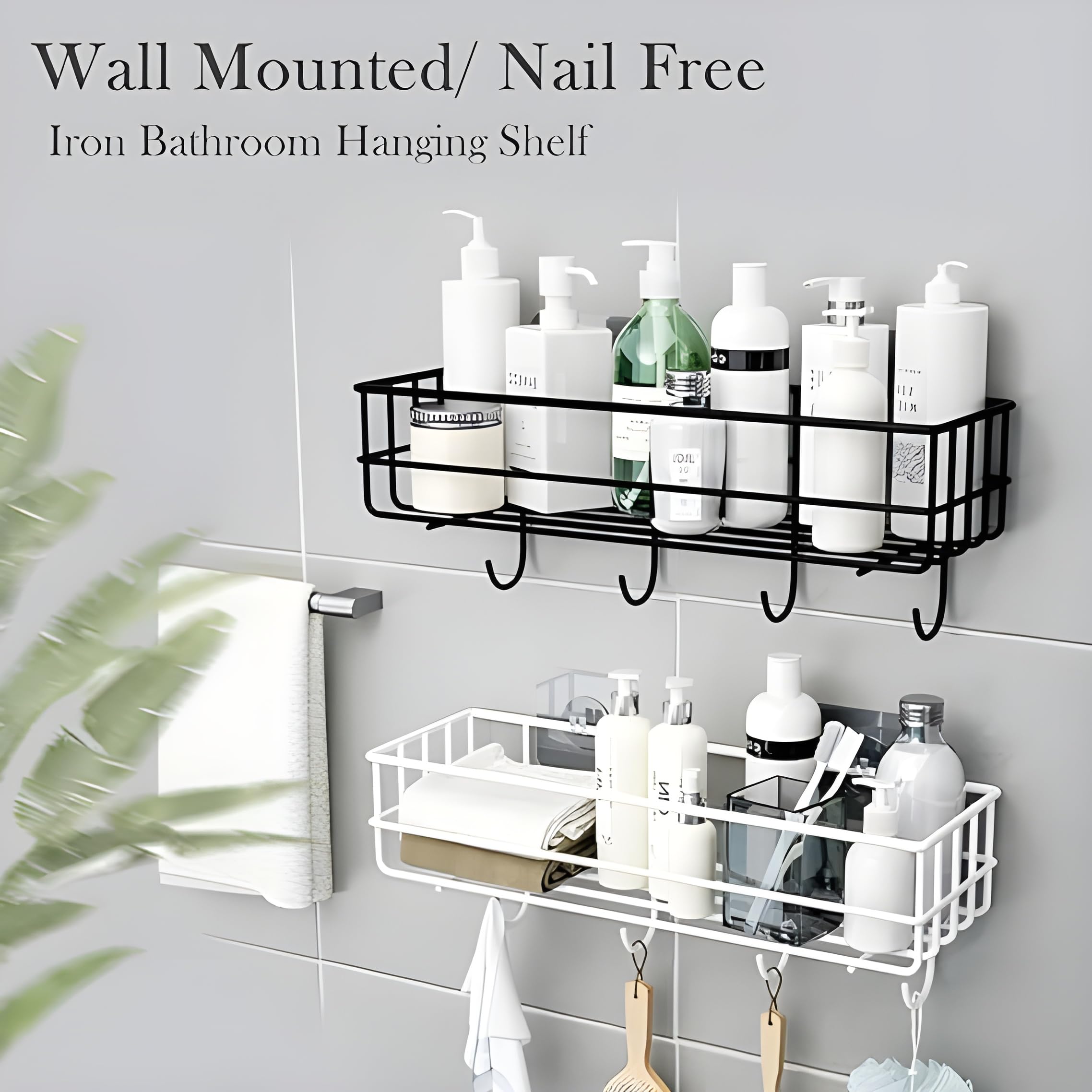 JIALTO Wall-Mounted Bathroom Shelf Organizer with Hooks - Black Space-Saving Bathroom Storage Rack & Towel Holder - Perfect for Small Bathrooms, Showers, and Vanity Organization (Pack of 1)