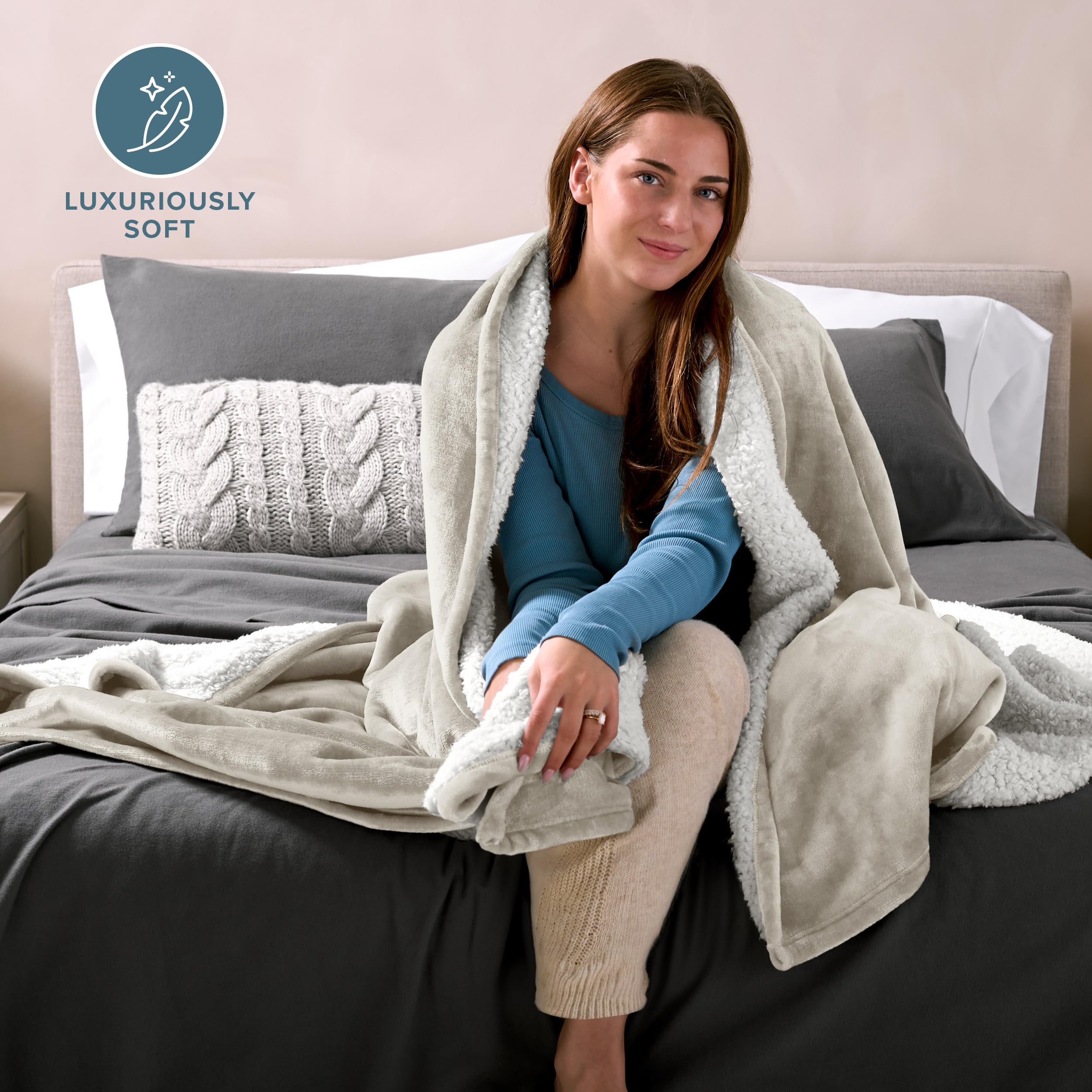 Bare Home Sherpa Fleece Blanket - King Size - Ultra Soft & Warm Reversible Plush Throw for Bed, Sofa, Couch - Perfect for Camping, Travel, Home Decor & Gift Giving - Cozy & Lightweight (King, Oyster)