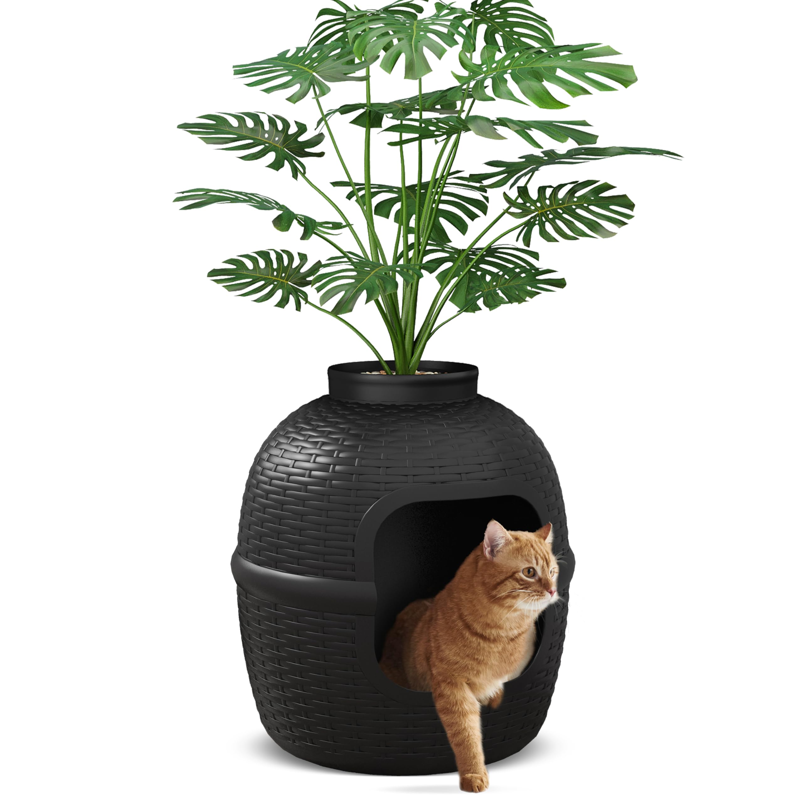 Hidden Cat Litter Box with Faux Plant - Large Rattan Pattern Litter Box Enclosure - Durable PP Material Pet Furniture for Home Decor (Black) - Perfect for Small Spaces & Discreet Cat Litter Solutions
