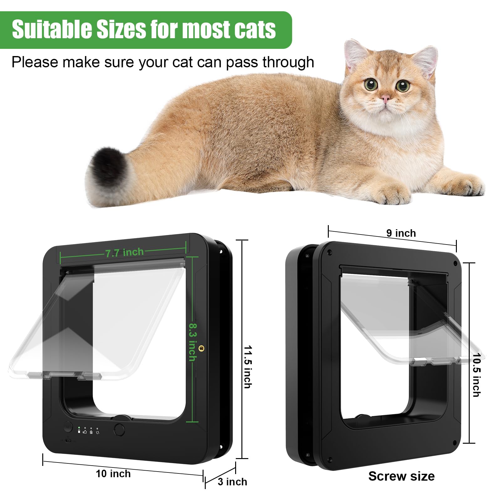 Smart RFID Cat Door for Interior & Exterior - Microchip Activated Pet Door with 2 Collar Sensors, Remote Control & 4-Way Locking System | Automatic Cat Flap for Home Security & Pet Safety (Black) | Perfect for Multi-Cat Households & Smart Home Integration