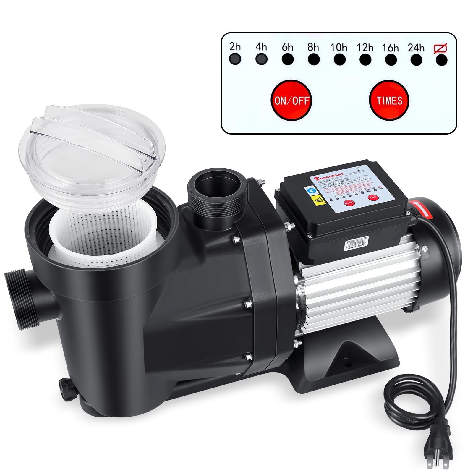 2 HP Above Ground Pool Pump with Timer - 220V 7100 GPH High Flow Self-Priming Swimming Pool Pump for Inground/Above Ground Pools - Includes Strainer Basket & Drain Plug - 2
