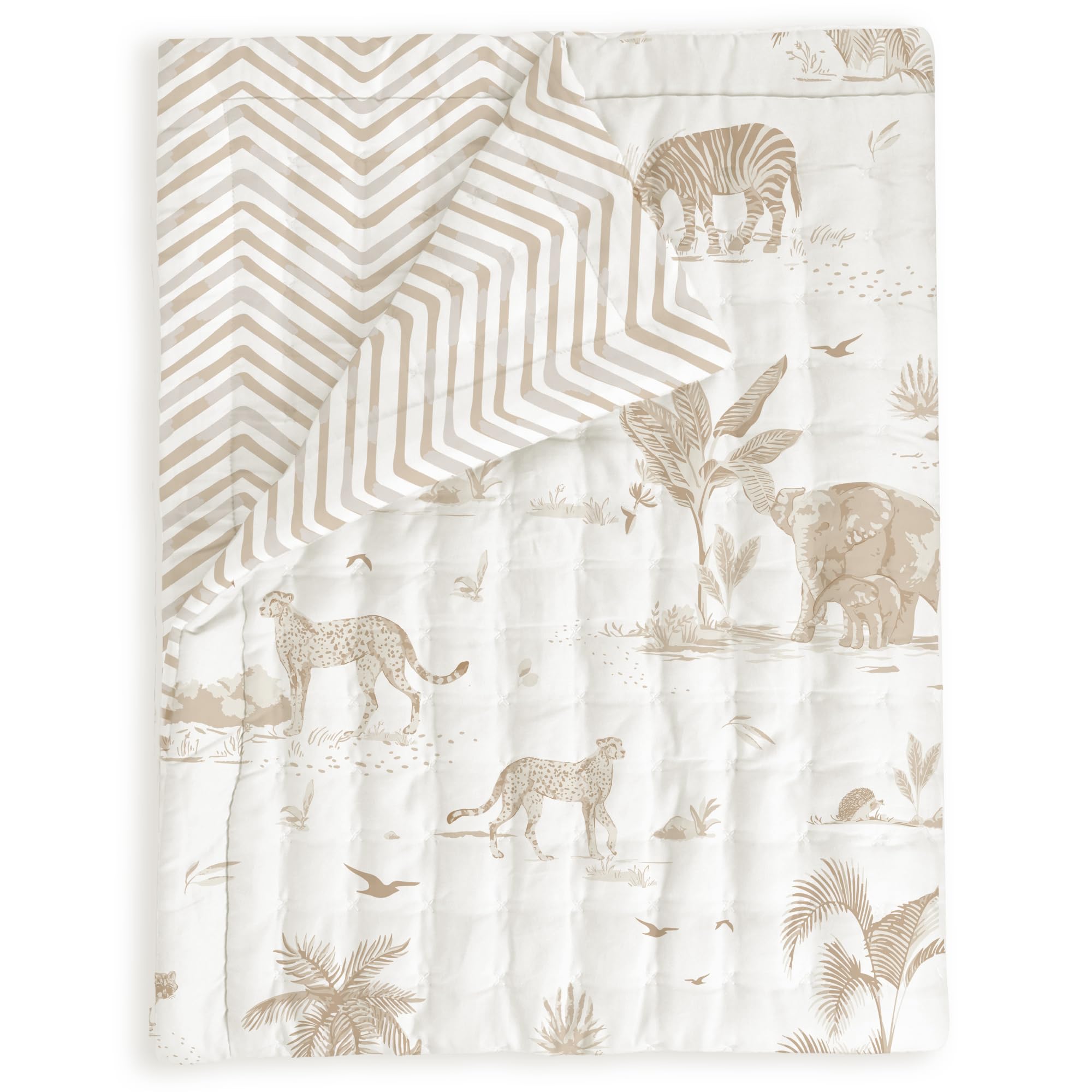 GOTS Certified Organic Toddler Blanket - Ultra Soft Reversible Cotton Comforter for Kids | Breathable & Hypoallergenic | Safari & Herringbone Design (44x60 inches) - Perfect for Nursery, Daycare, and Travel