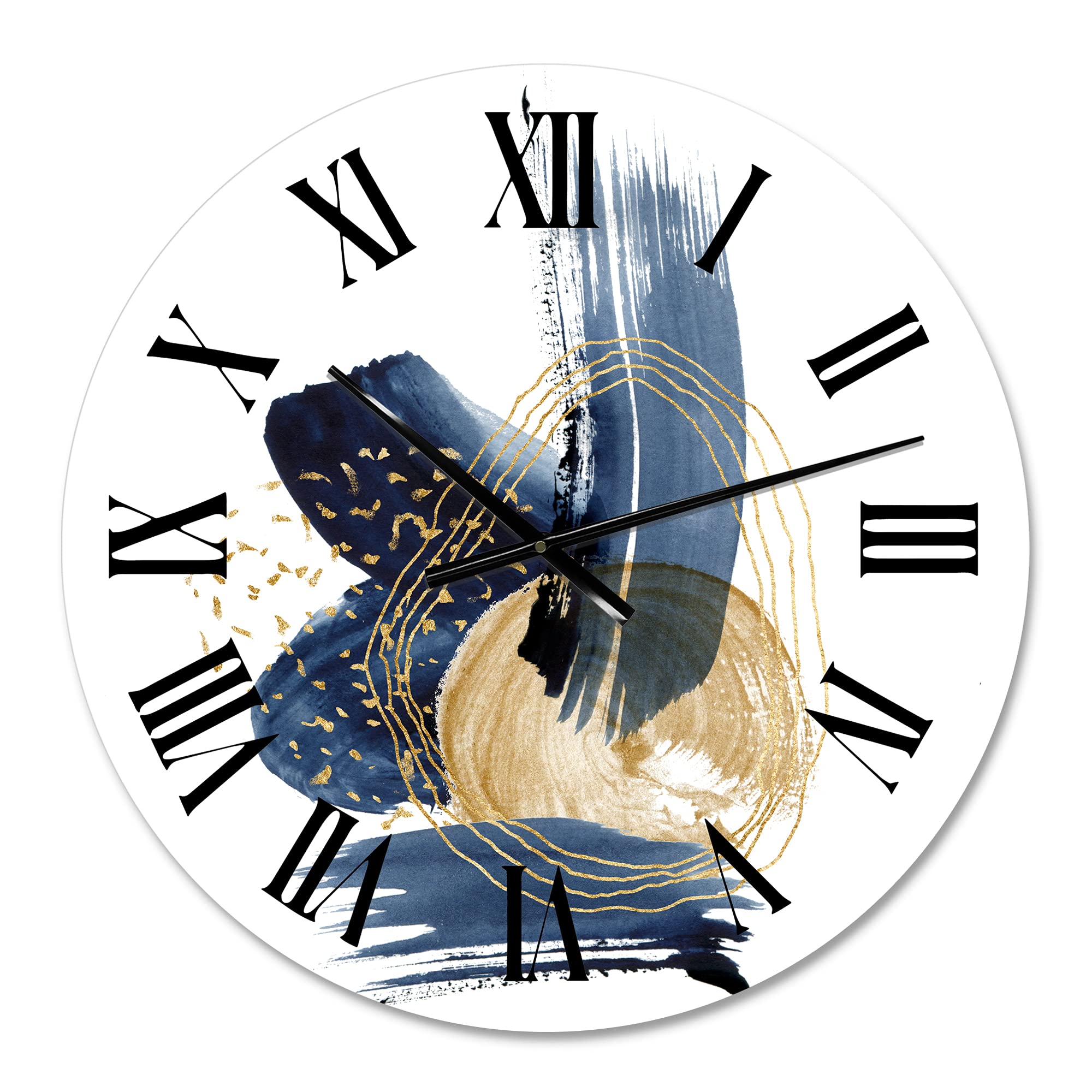 Modern Abstract Wall Clock - Dark Blue Mountains & Gold Strokes II - Large Fractal Design for Bedroom, Living Room, Office Decor | Perfect for Home, Office & Gift Giving