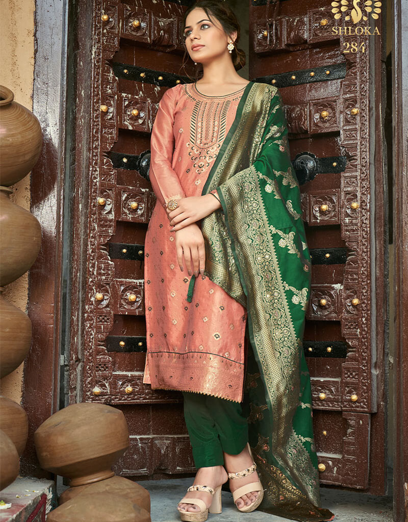 Banarasi Jacquard Peach Salwar Kameez Suit with Pant Bottom - Elegant Indian Ethnic Wear for Weddings & Festivals